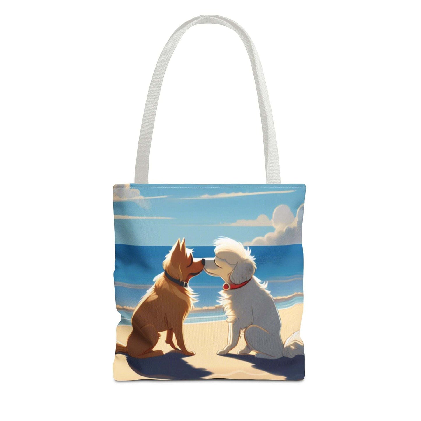 Everyday tote bag with beach pups design, multiple sizes and handle colors, durable polyester.
