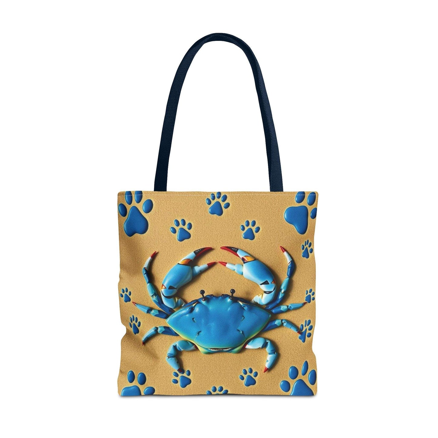 Blue crab pattern tote bag with blue handles, ideal for beach and summer use.