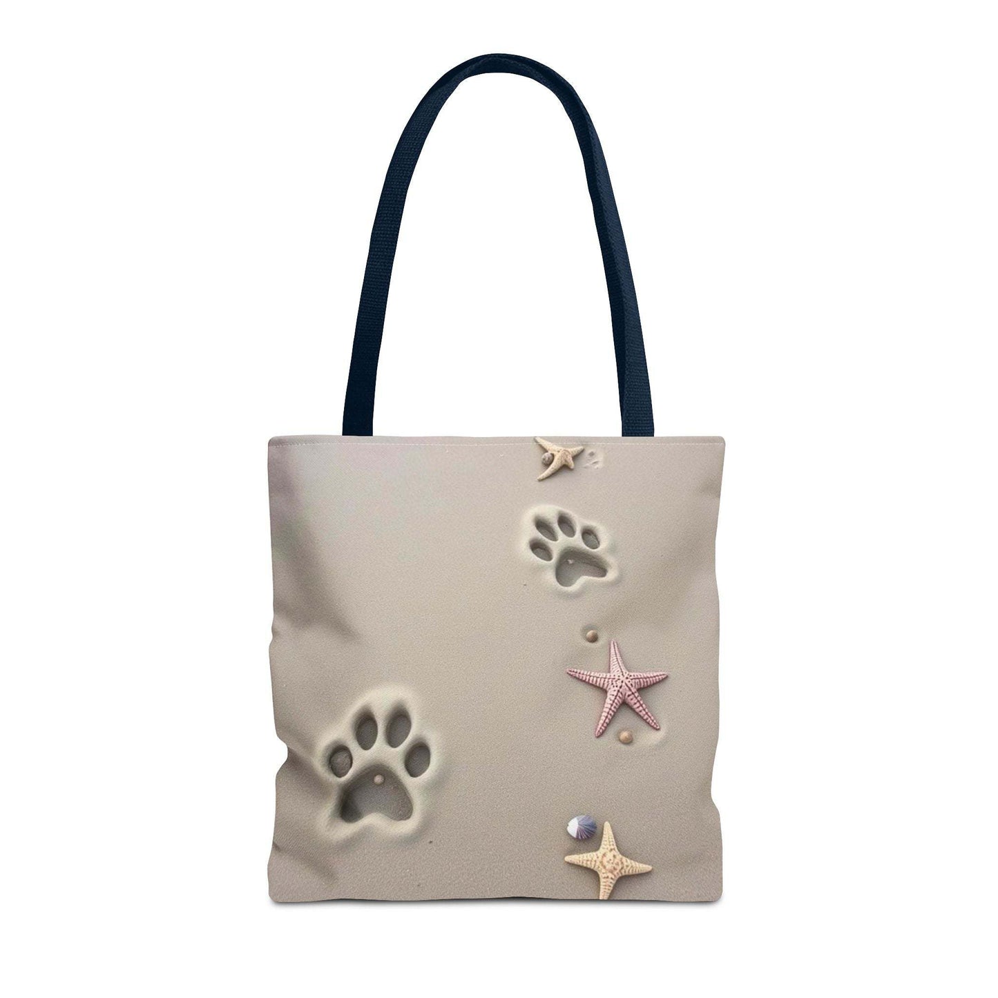 Beach tote bag with paw print and starfish design, perfect for pet lovers and beach outings.