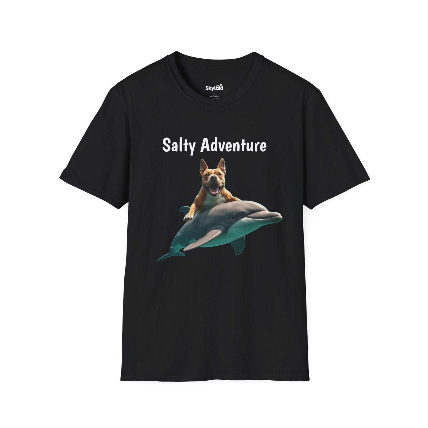Unisex softstyle Beachy Tee with "Salty Adventure" graphic featuring dog on dolphin, perfect for fun beach life.