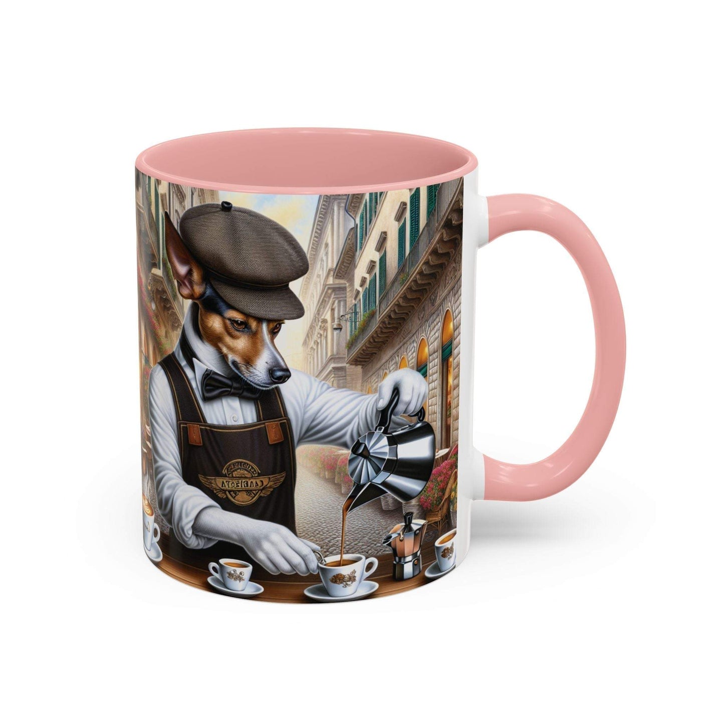 Artistic Dog Barista Coffee Mug with unique design for dog lovers, available in 11oz and 15oz sizes, featuring vibrant artwork.