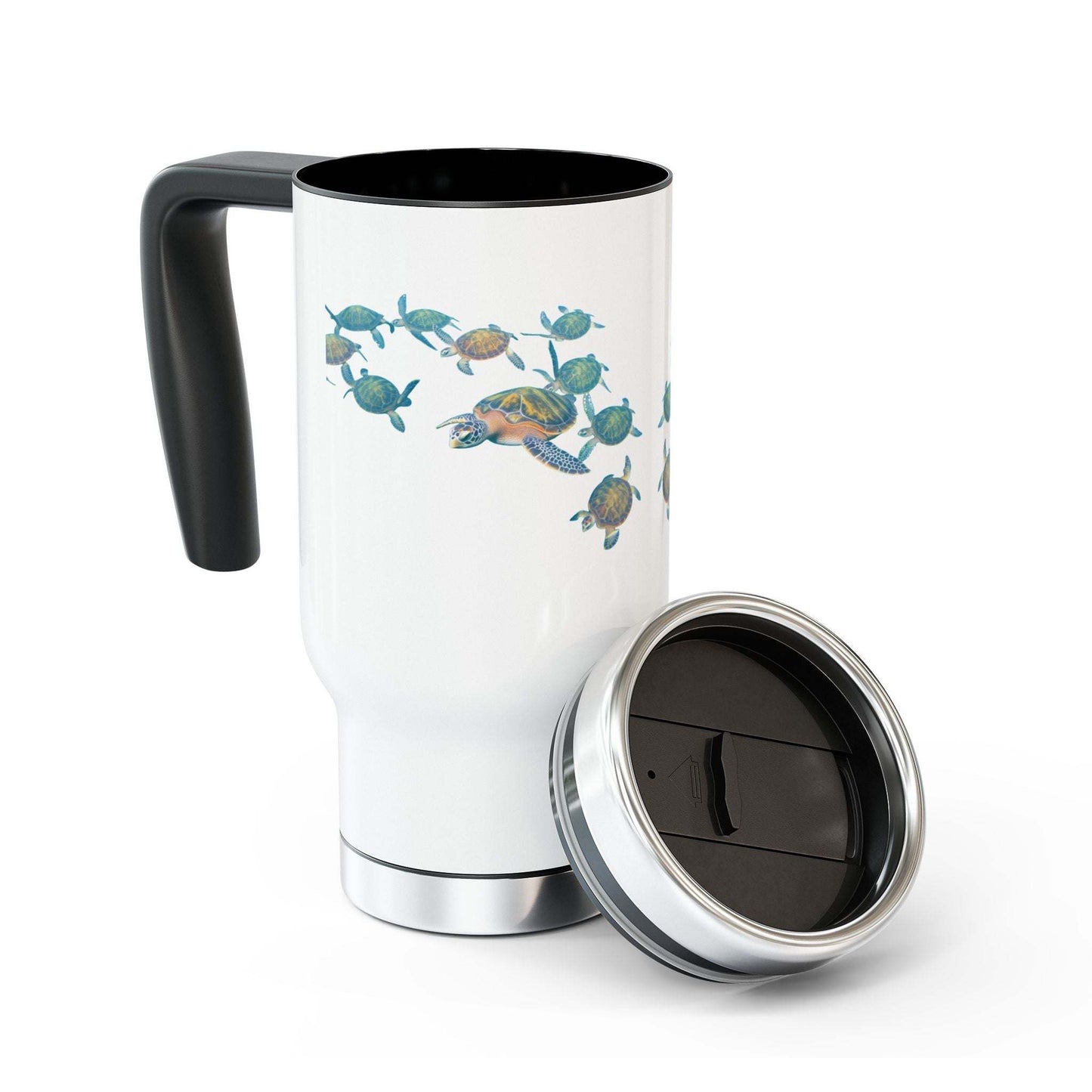 Stainless steel travel mug with handle, 14oz, white enamel finish, snap-on cap.