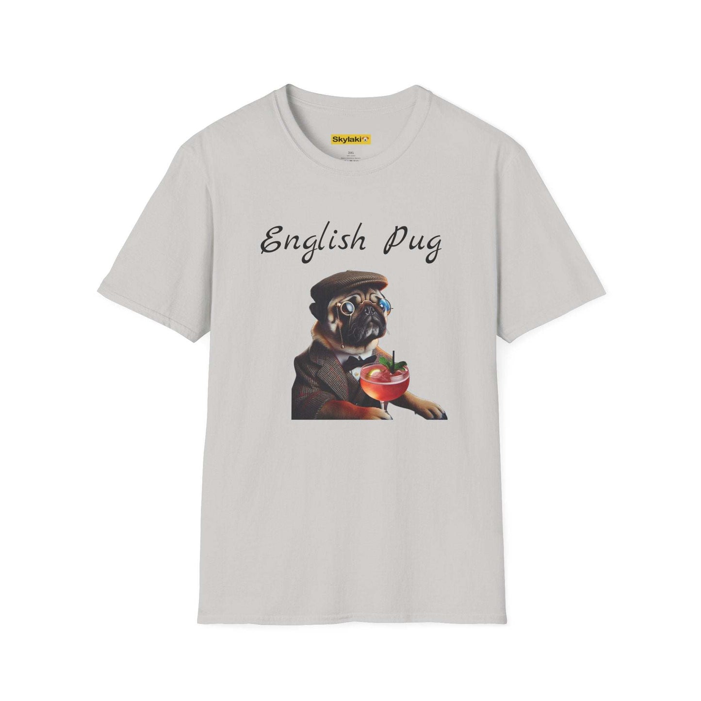 Unisex English Pug T-shirt with fun design and soft high-quality fabric.