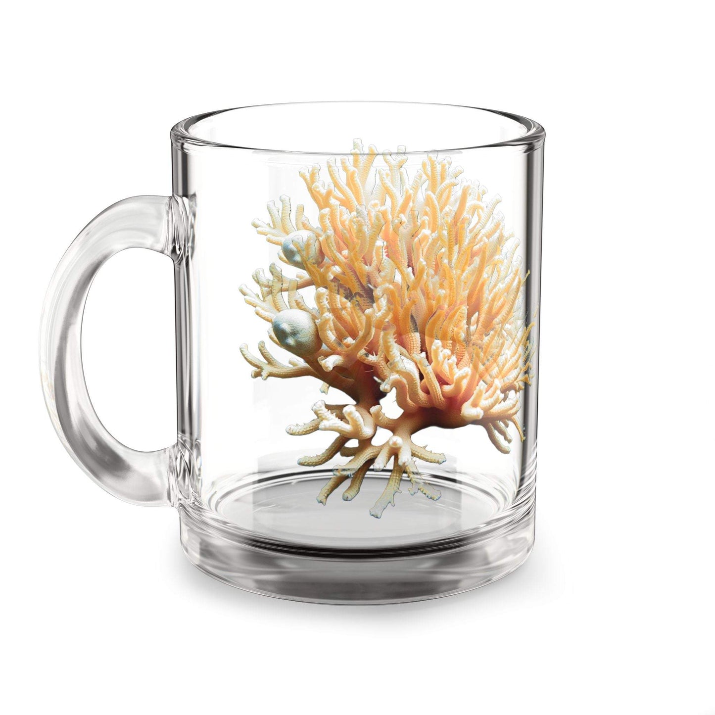 Coral Reef Coffee Glass Mug - 10oz, ocean-inspired clear drinkware with coral design.