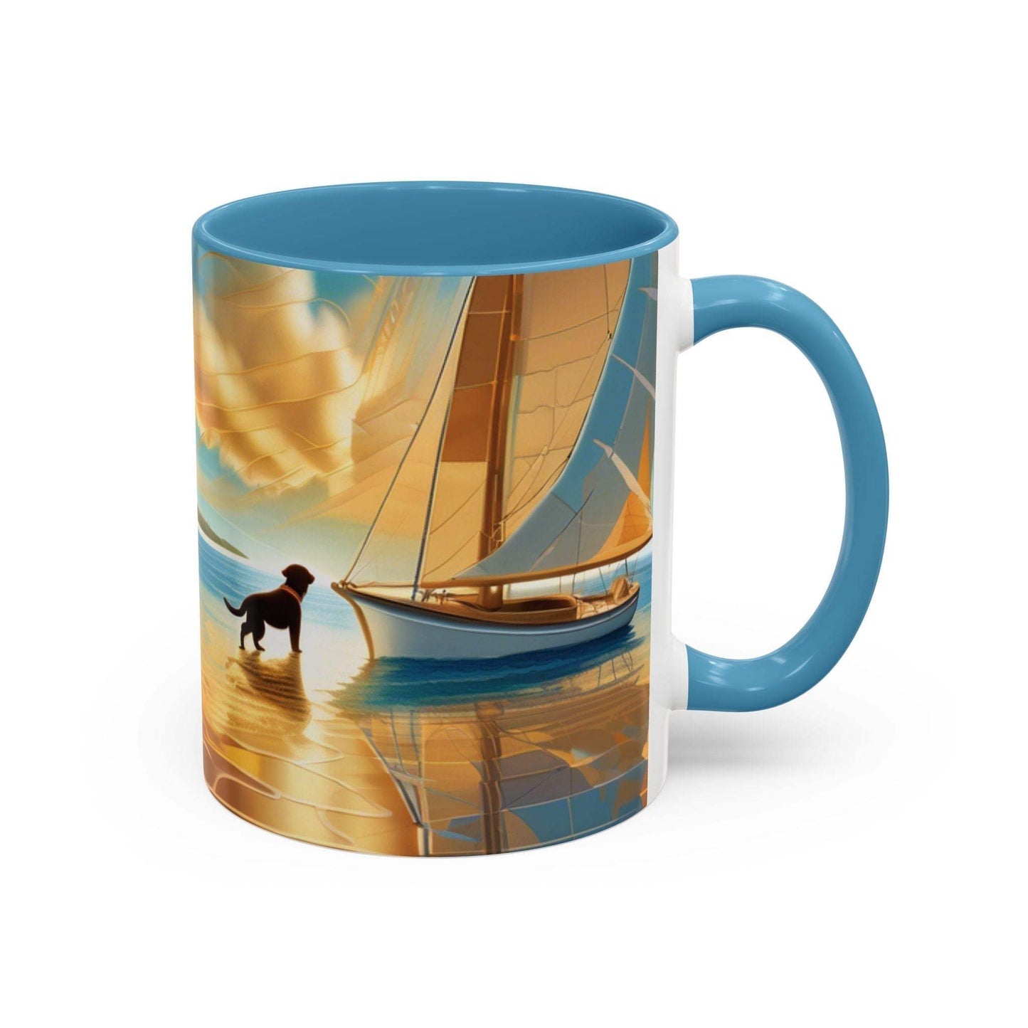 Serene Sunset Dog Lover's Mug with vibrant sunset art, 11oz and 15oz sizes, ideal for pet enthusiasts.