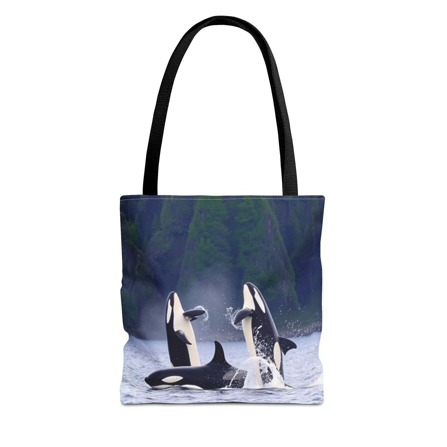 Eco-friendly everyday tote bag featuring orca whales, ideal for shopping and outdoor activities.