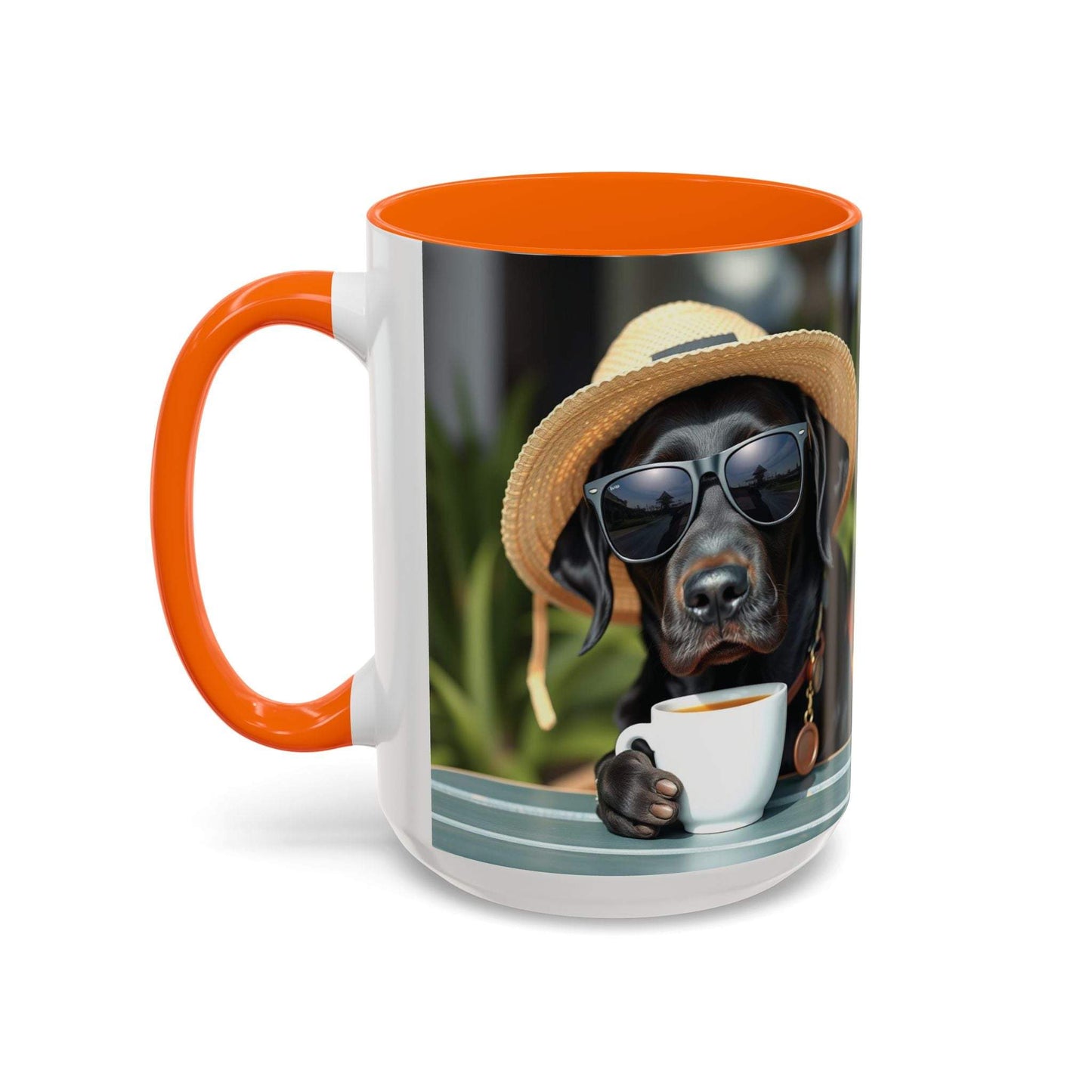 Colorful coffee mug for dog lovers featuring a playful dog design with sunglasses and a hat, 11/15oz size.