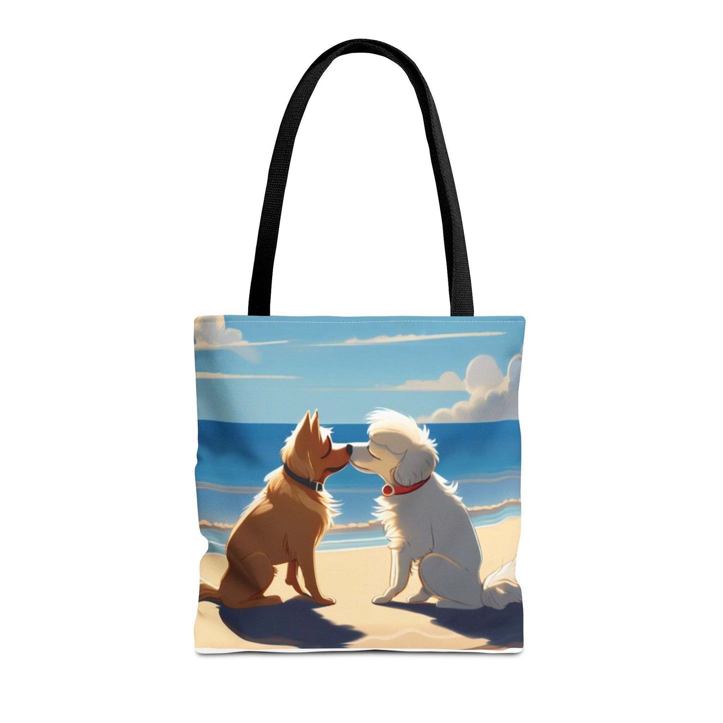 Stylish everyday tote bag with beach pups design, durable polyester, multiple handle colors.