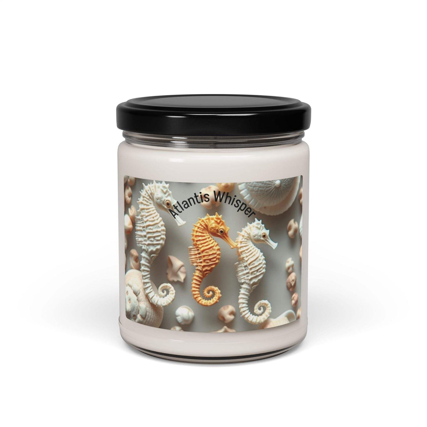 Ocean-inspired scented soy candle in reusable glass, featuring seahorse design, 9oz.