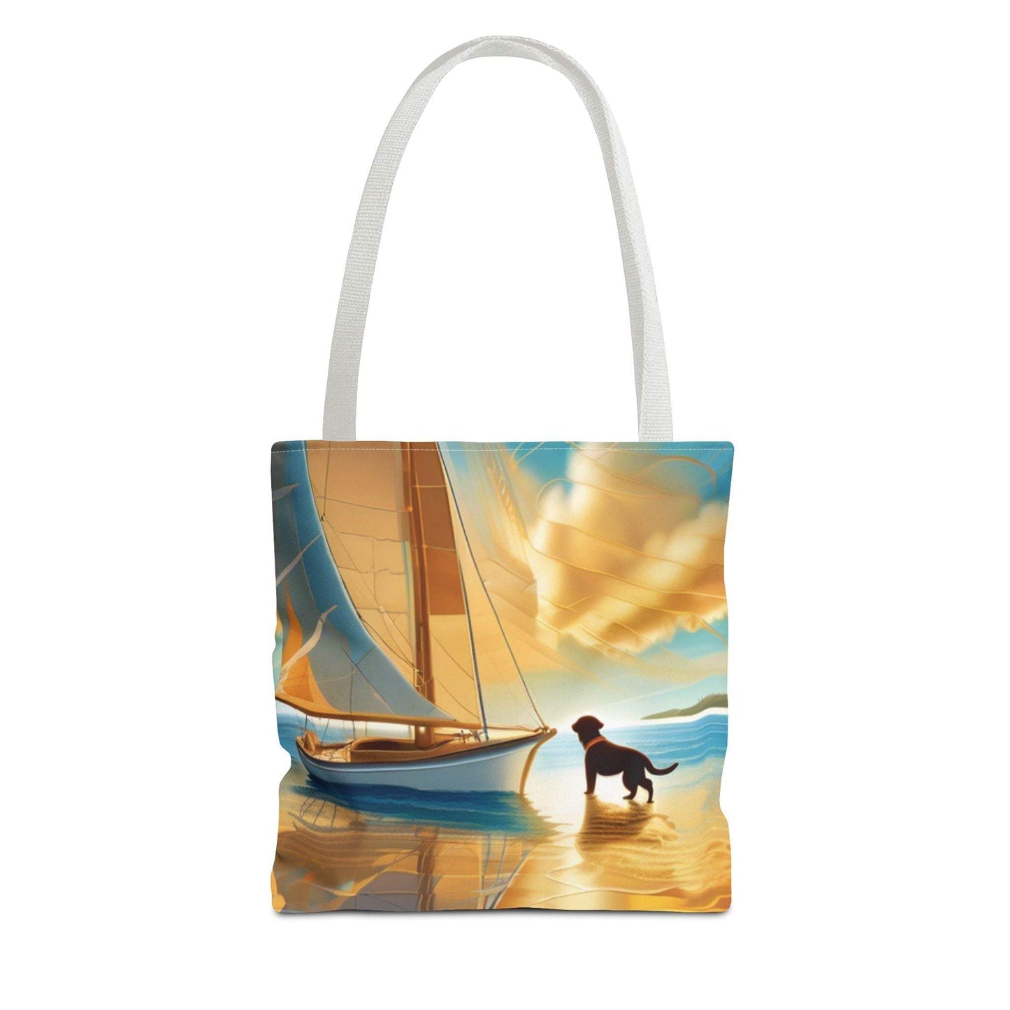 Tote Bag with Sailing Scene and Dog, Perfect for Nature Enthusiasts.
