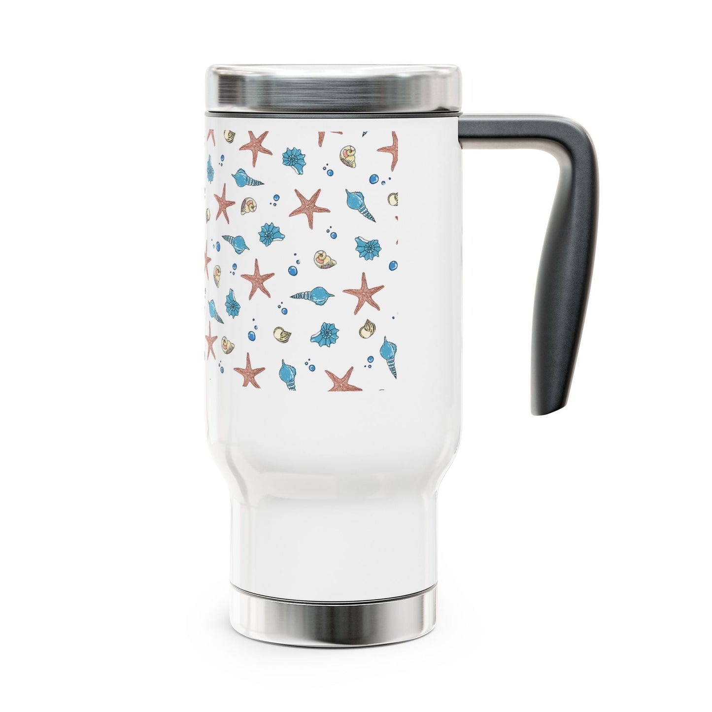 Beach-themed stainless steel coffee mug with handle, 14oz capacity, glossy white enamel finish.