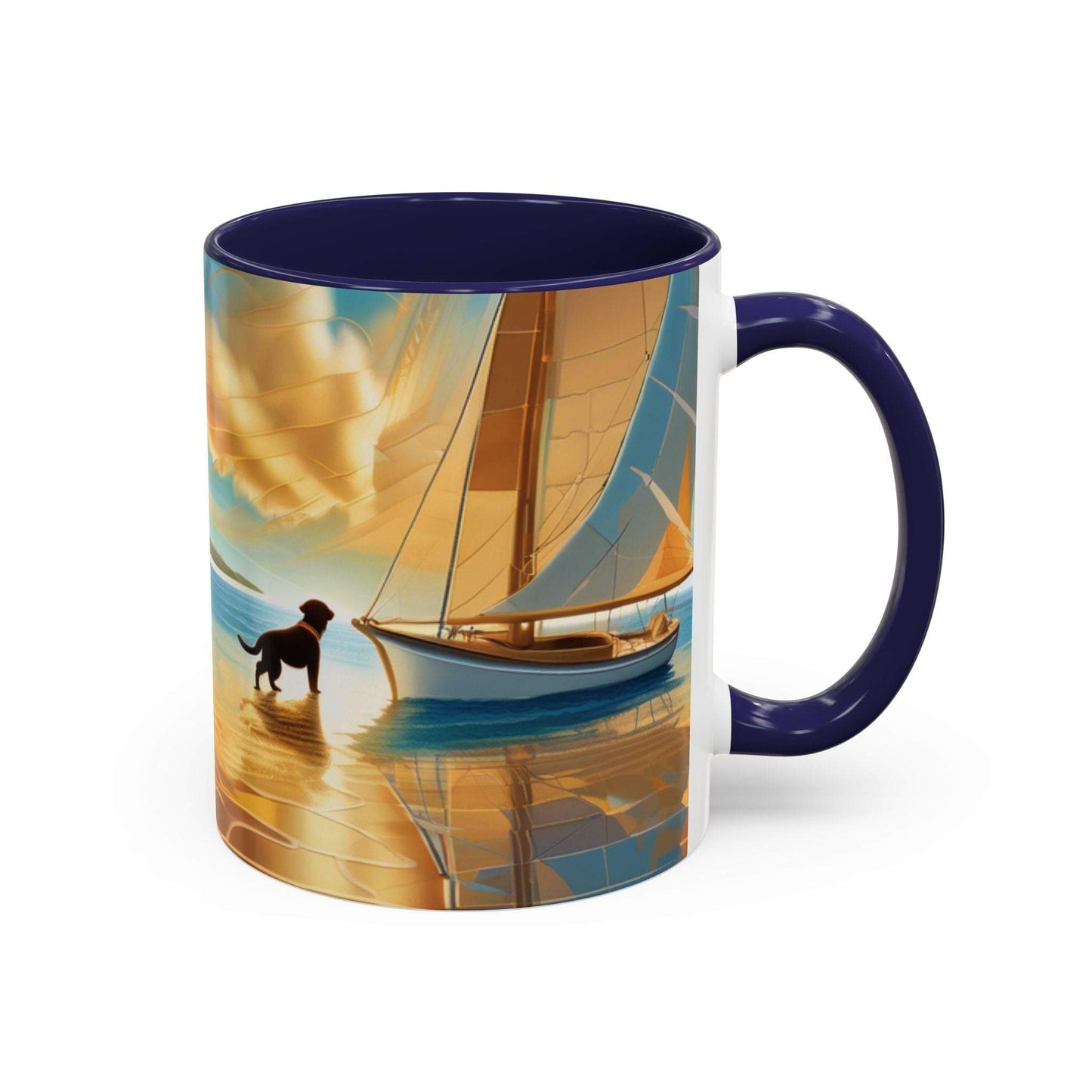 Serene Sunset Dog Lover's Mug with sailboat art, available in 11oz and 15oz sizes.