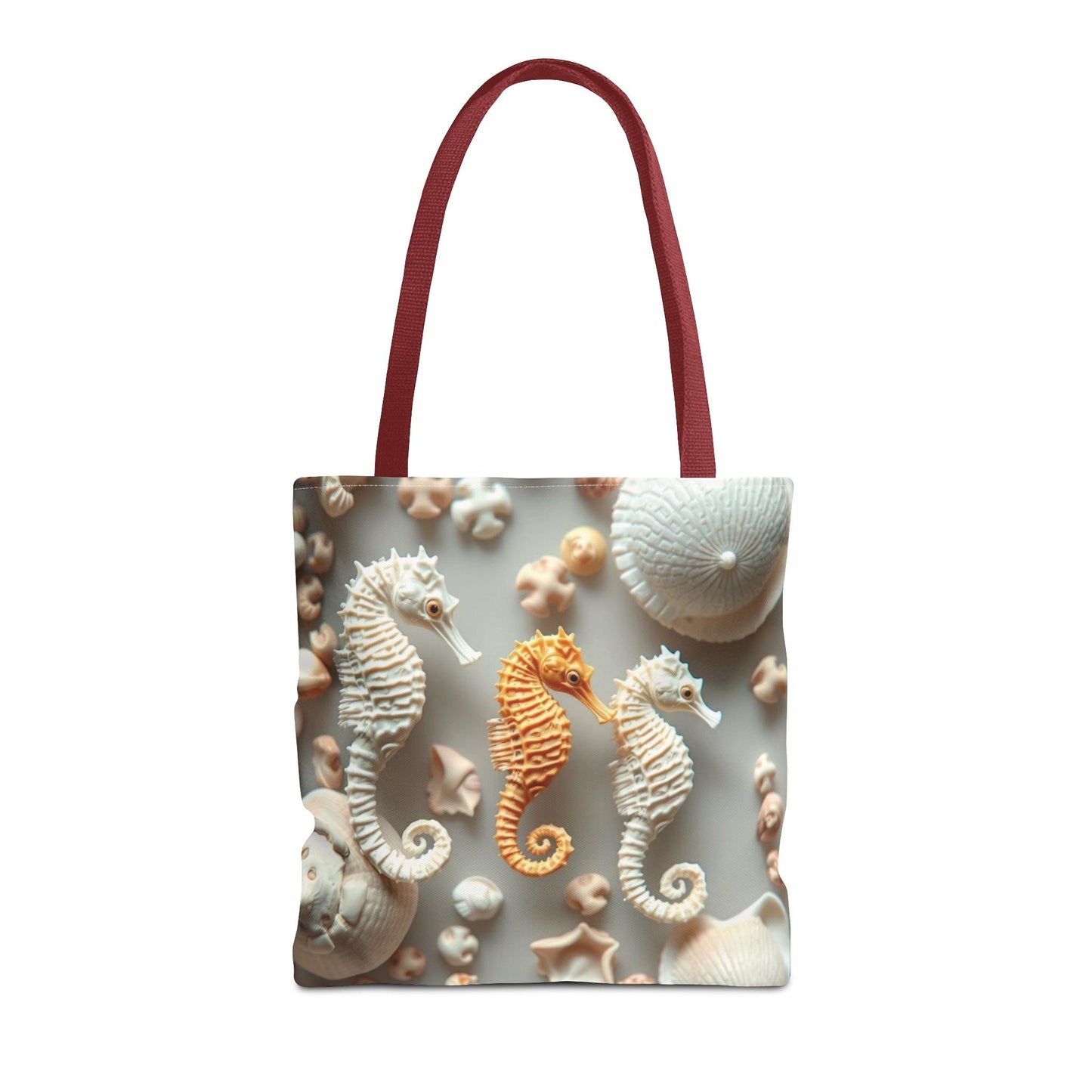 Seahorse-themed beach tote bag with colorful design on soft background.