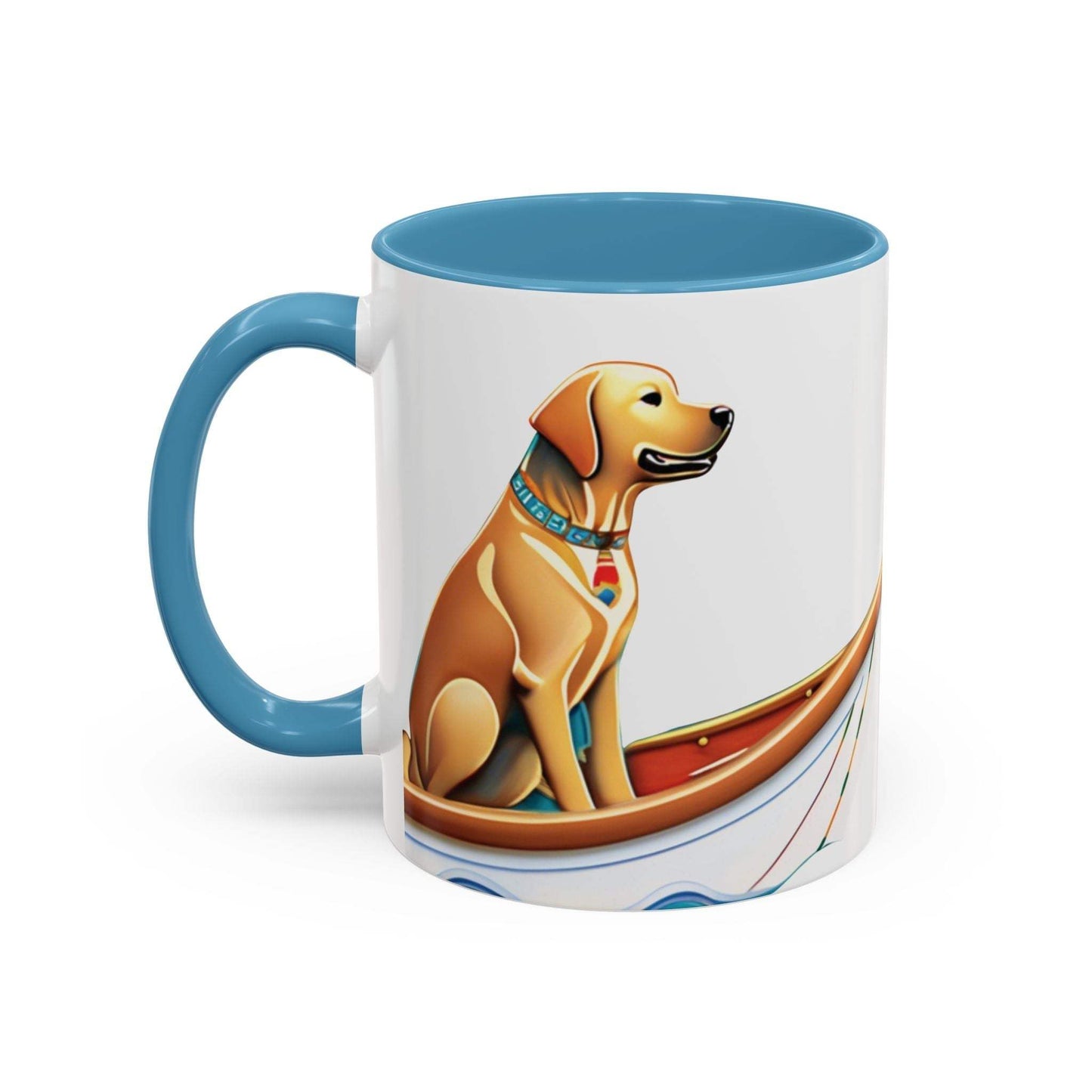 Nautical-themed ceramic coffee mug with a playful dog design, blue interior, and available in 11oz and 15oz sizes.