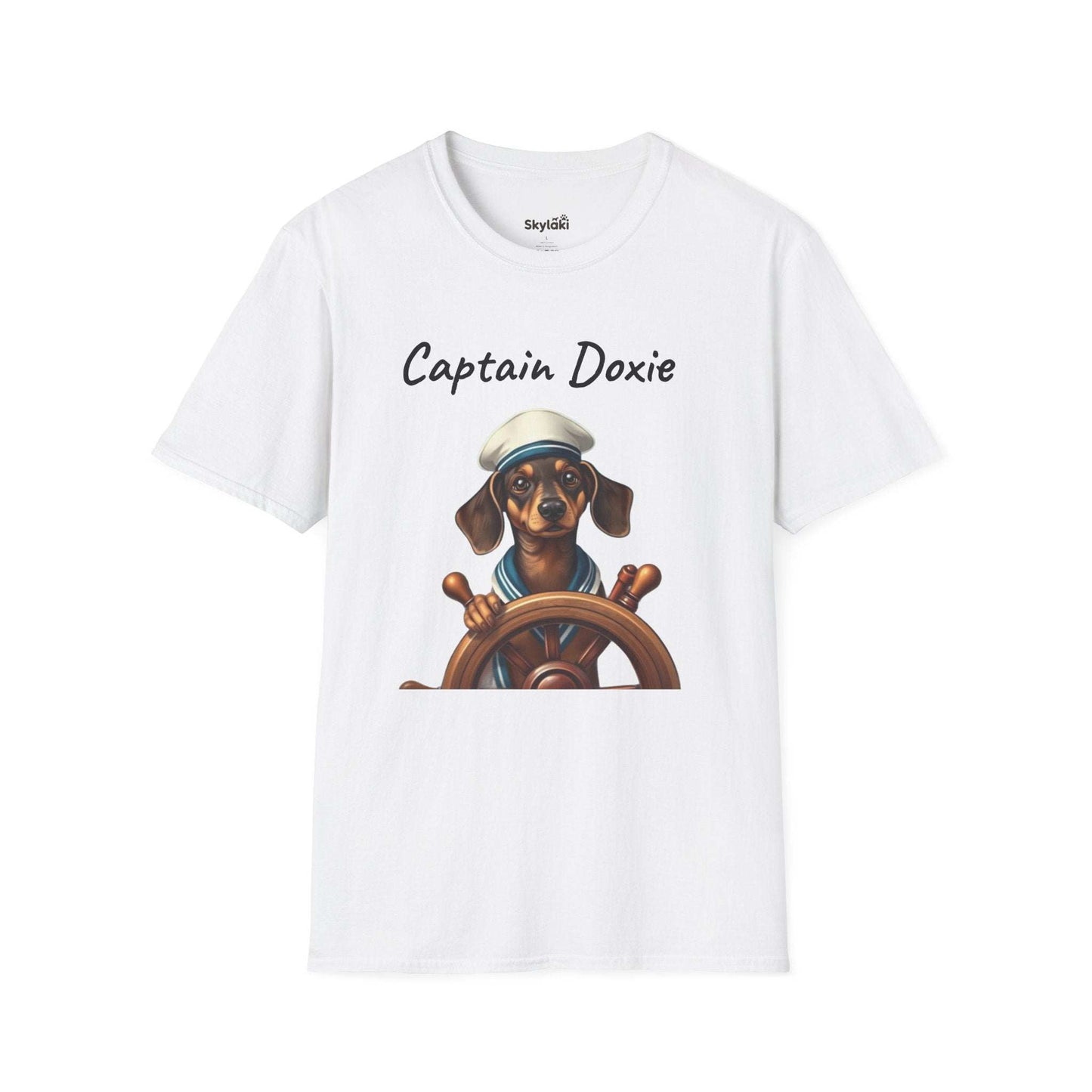 Captain Doxie Unisex Softstyle T Shirt with Nautical Dog Design.