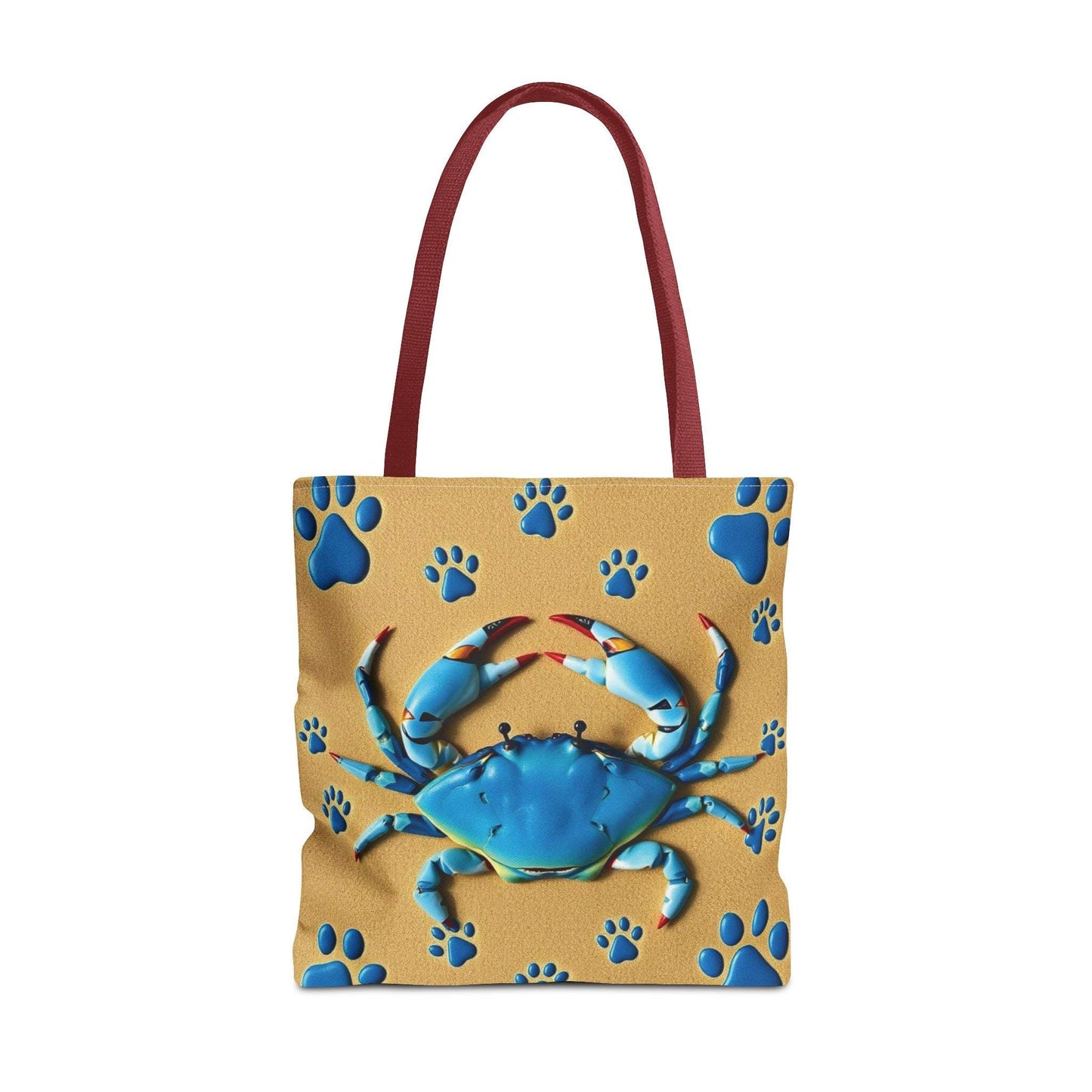Blue crab pattern tote bag with red handles, perfect for beach lovers and summer adventures.