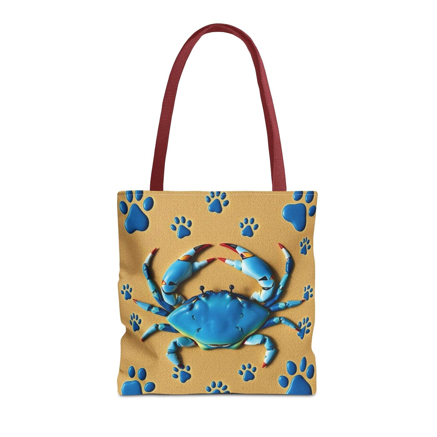 Blue Crab Pattern Custom Tote Bag with red handles, ideal for beach lovers and summer adventures.