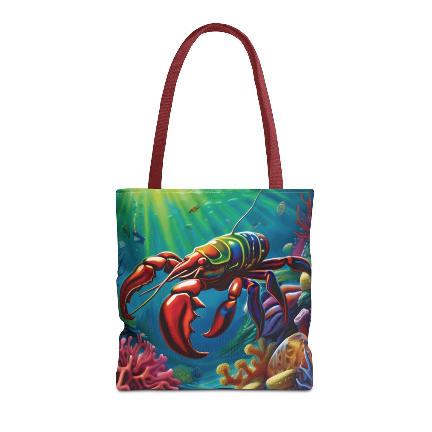 Lobster tote bag with vibrant ocean design and red handles.