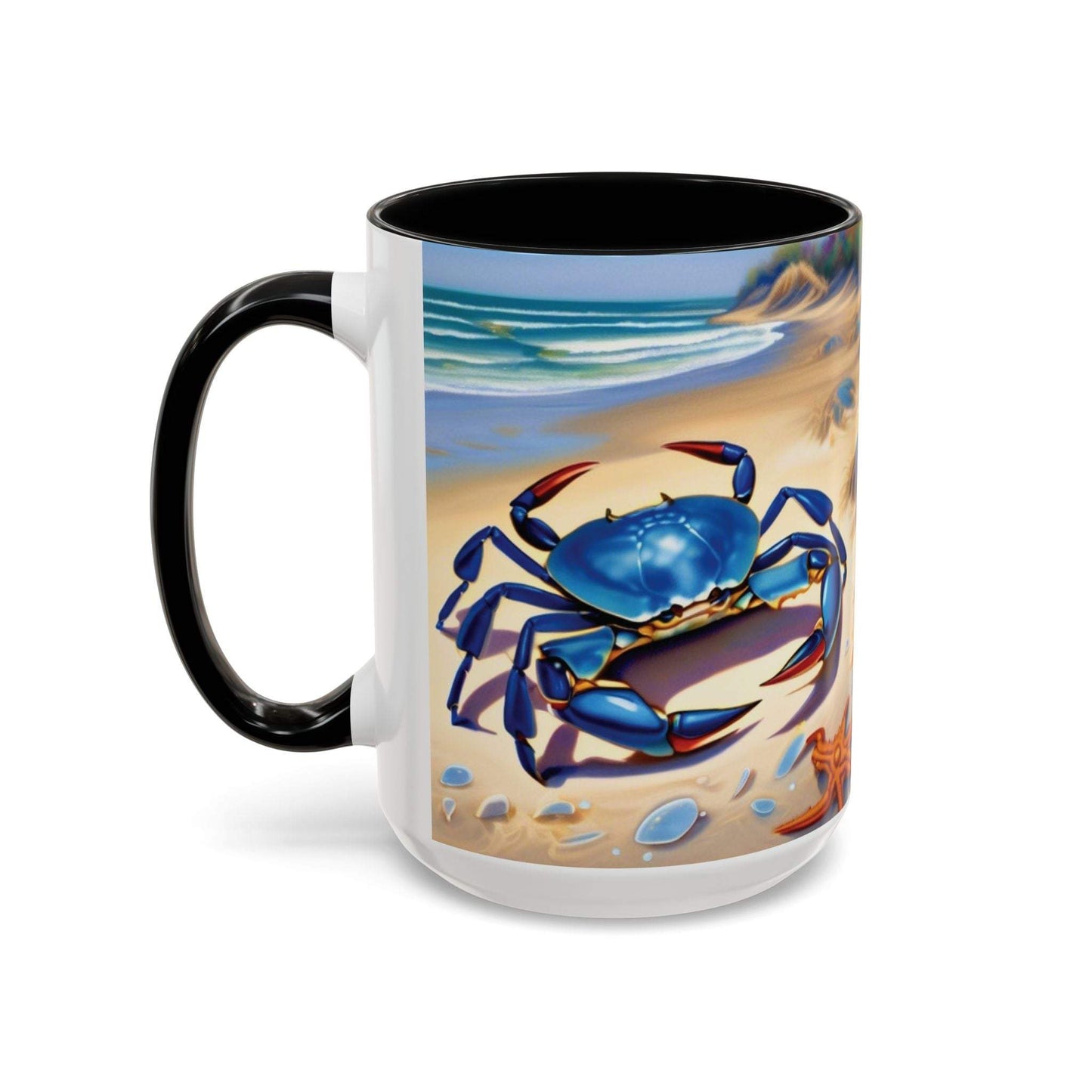 Coastal Crab Accent Coffee Mug with vibrant beach design and blue crab illustration.