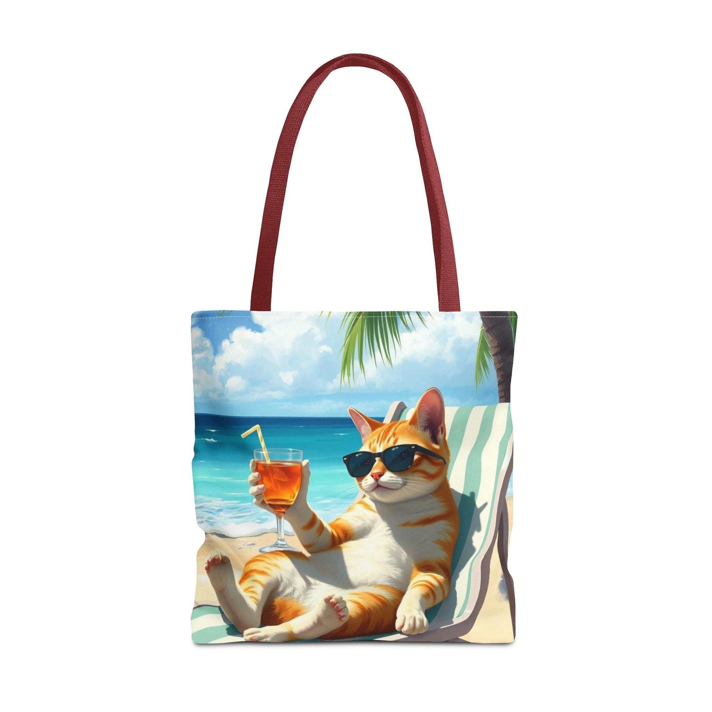 Cat tote bag with a relaxed cat design, perfect for summer adventures and beach days.