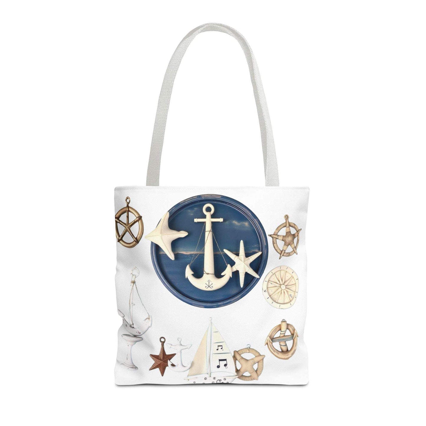 Nautical tote bag with anchor and star motif, durable 100% polyester, coastal design.