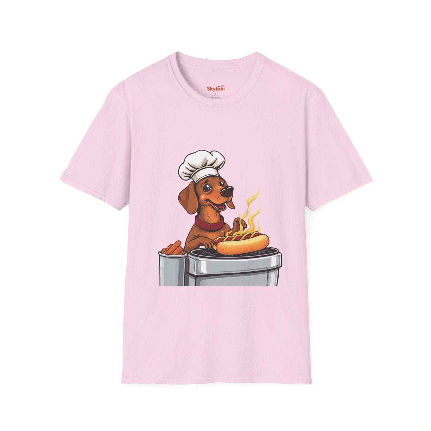 Unisex t-shirt featuring a whimsical hot dog chef design, perfect for pet lovers and cooking enthusiasts.