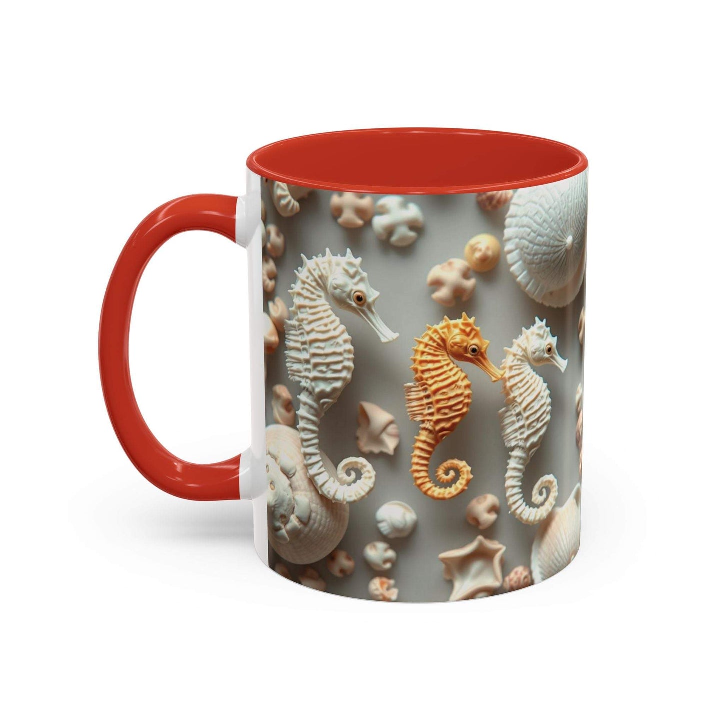 Seahorse Accent Coffee Mug with Nautical Design, Red Interior and Handle