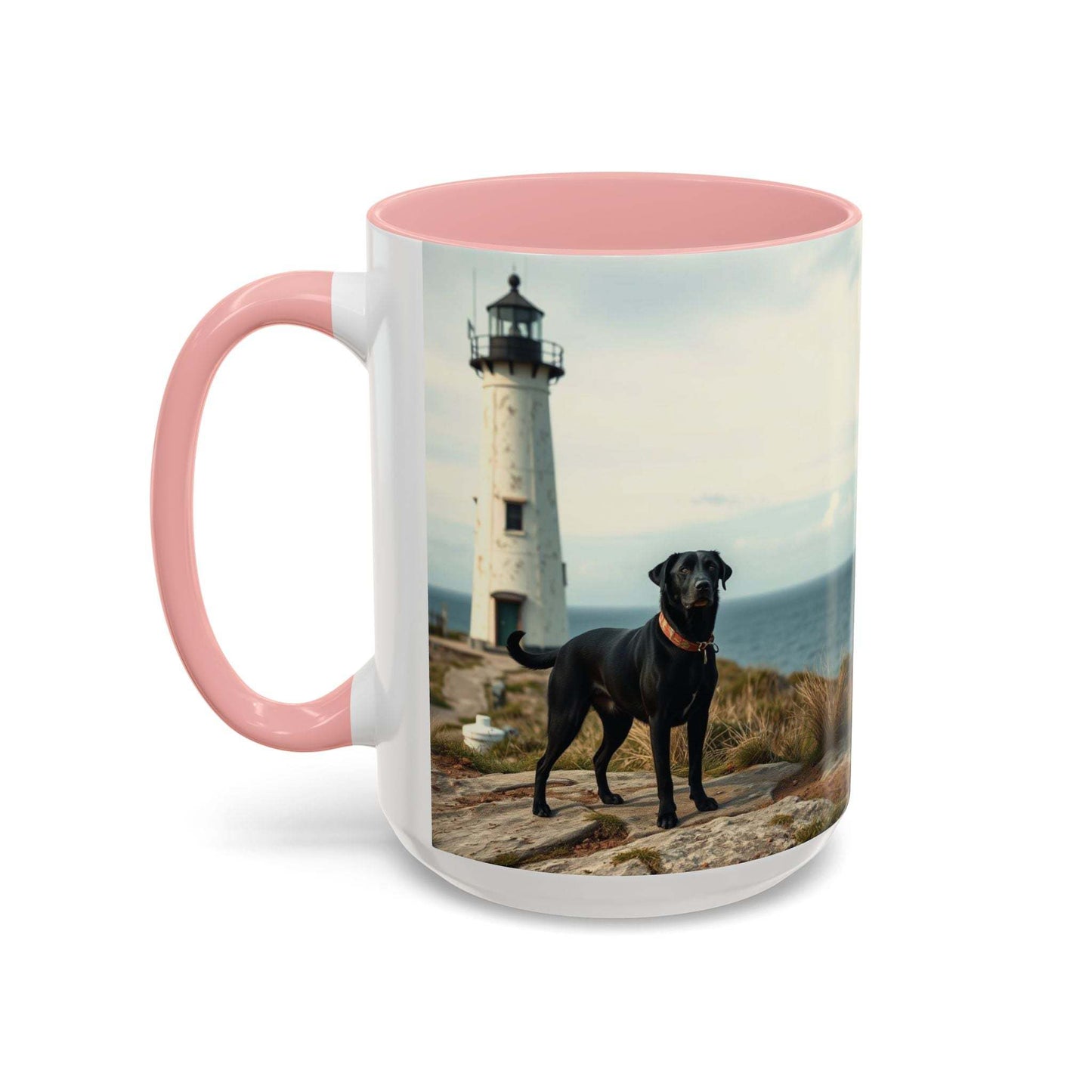 Coastal Vibe Coffee Mug with lighthouse and dog design, pink interior, ocean-themed drinkware.