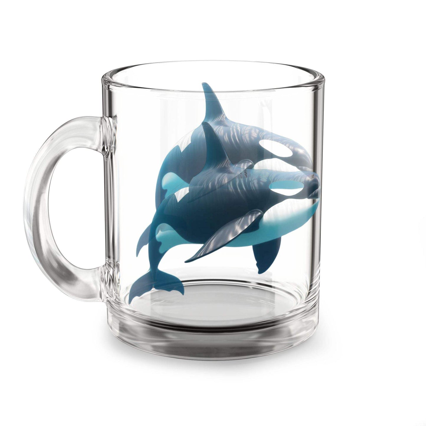 Whale Glass Mug with ergonomic handle; 10oz nature-themed drinkware featuring clear glass and whale design.