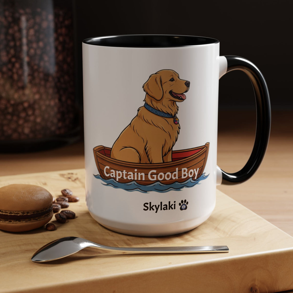Captain Good Boy Dog Boat Mug with golden retriever illustration and black handle