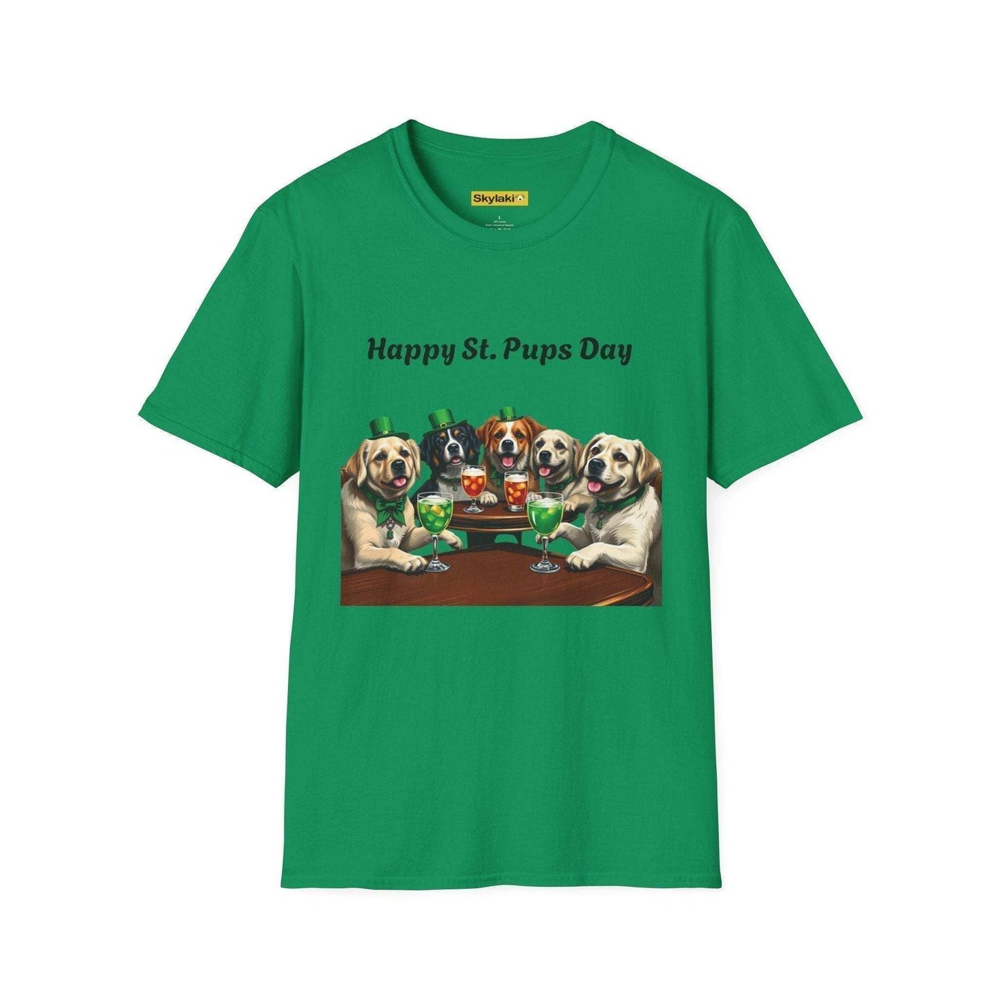 Unisex St. Patrick's Day T-shirt with playful dog design, soft green fabric.