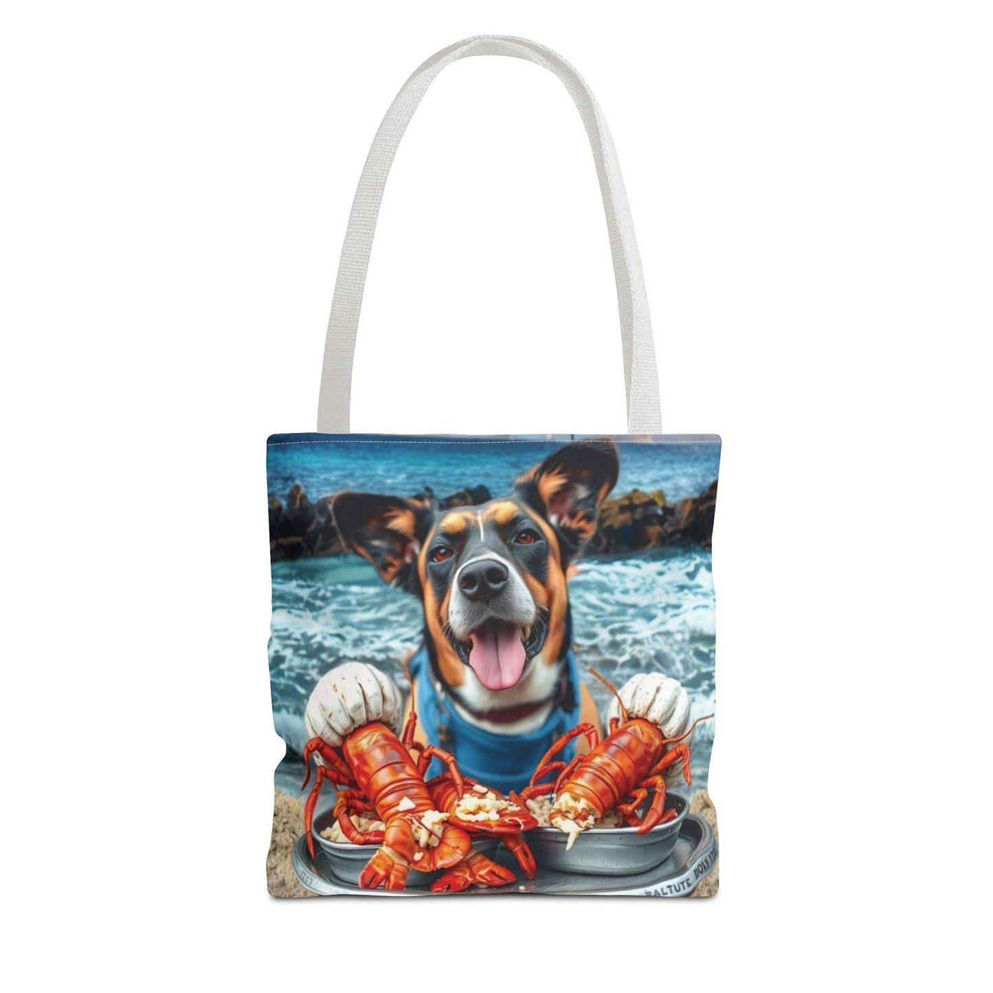 Colorful Happy Dog Lobster Tote Bag with playful design, perfect beach accessory for pet lovers.