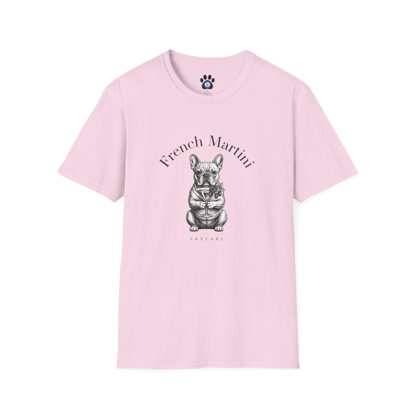 Black and white French Bulldog Martini T-Shirt by Skylaki featuring hand-drawn sketch and arched text on soft cotton fabric