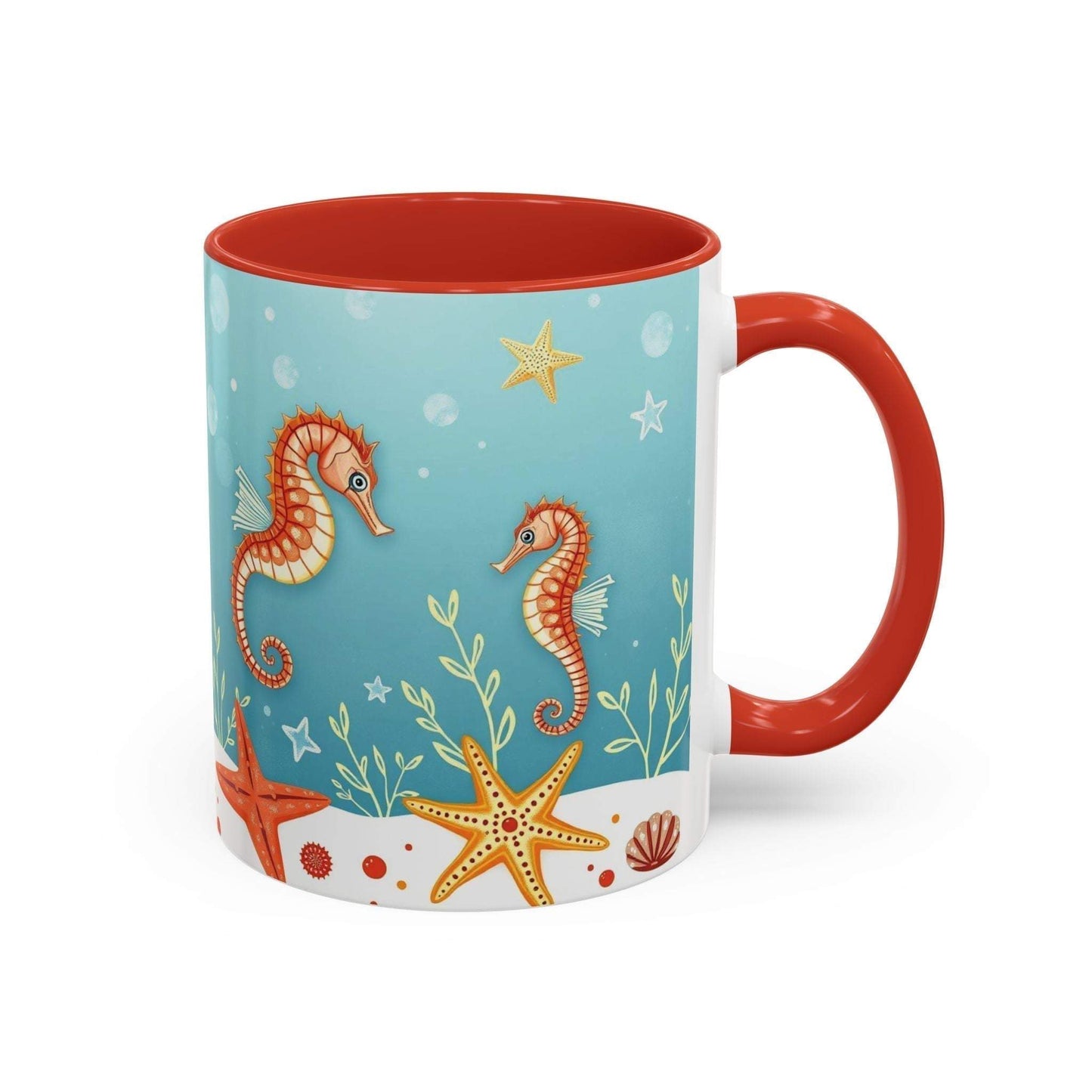 Ocean-themed accent coffee mug with seahorses and starfish design.