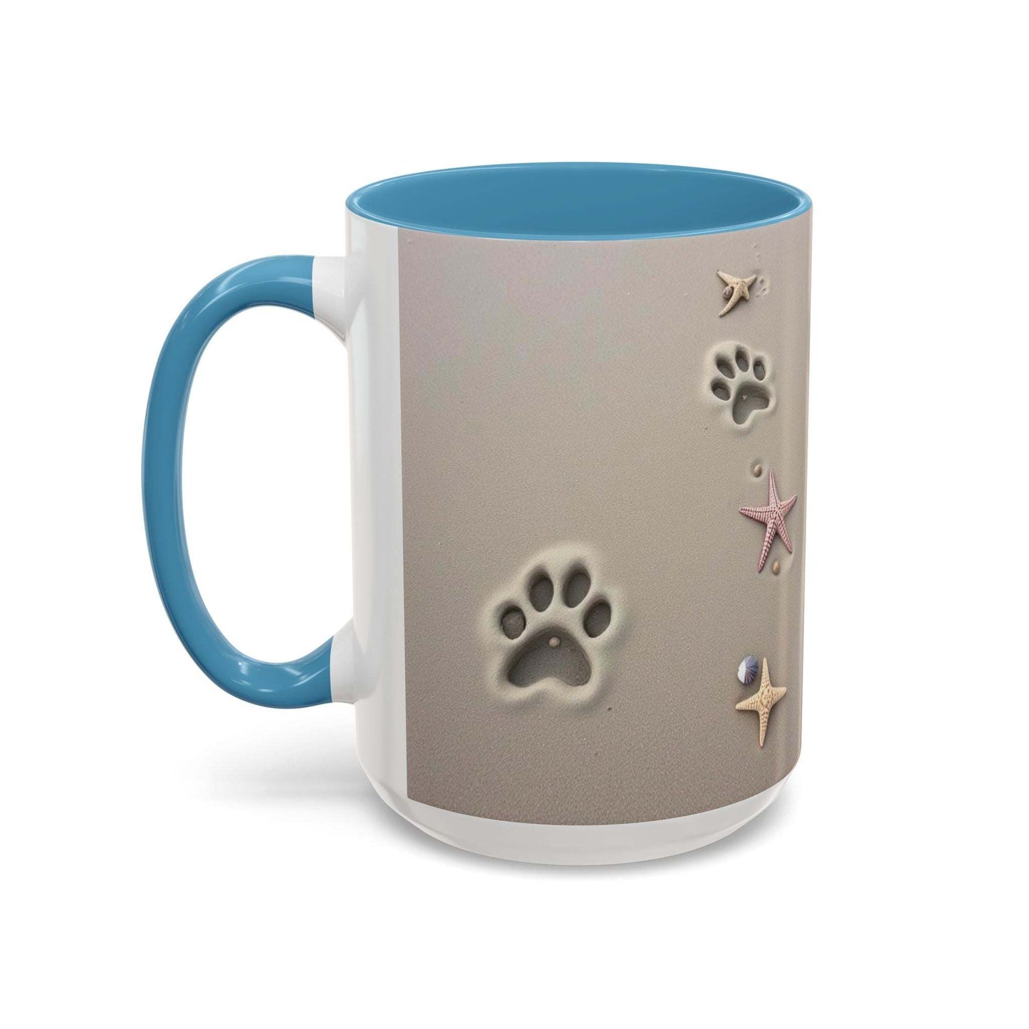 Nautical coffee mug with starfish and paw prints design, perfect for beach lovers.