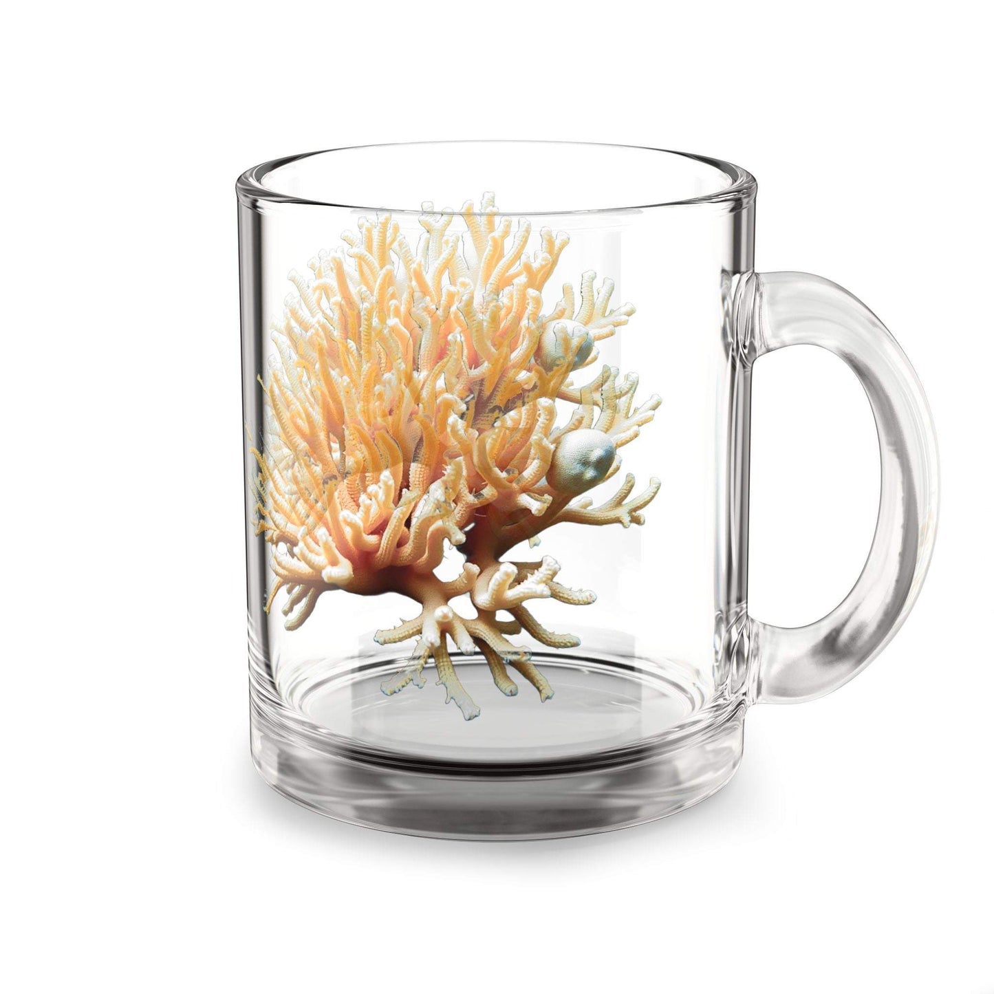 Coral Reef Coffee Glass Mug with ocean-inspired design, clear 10oz drinkware.
