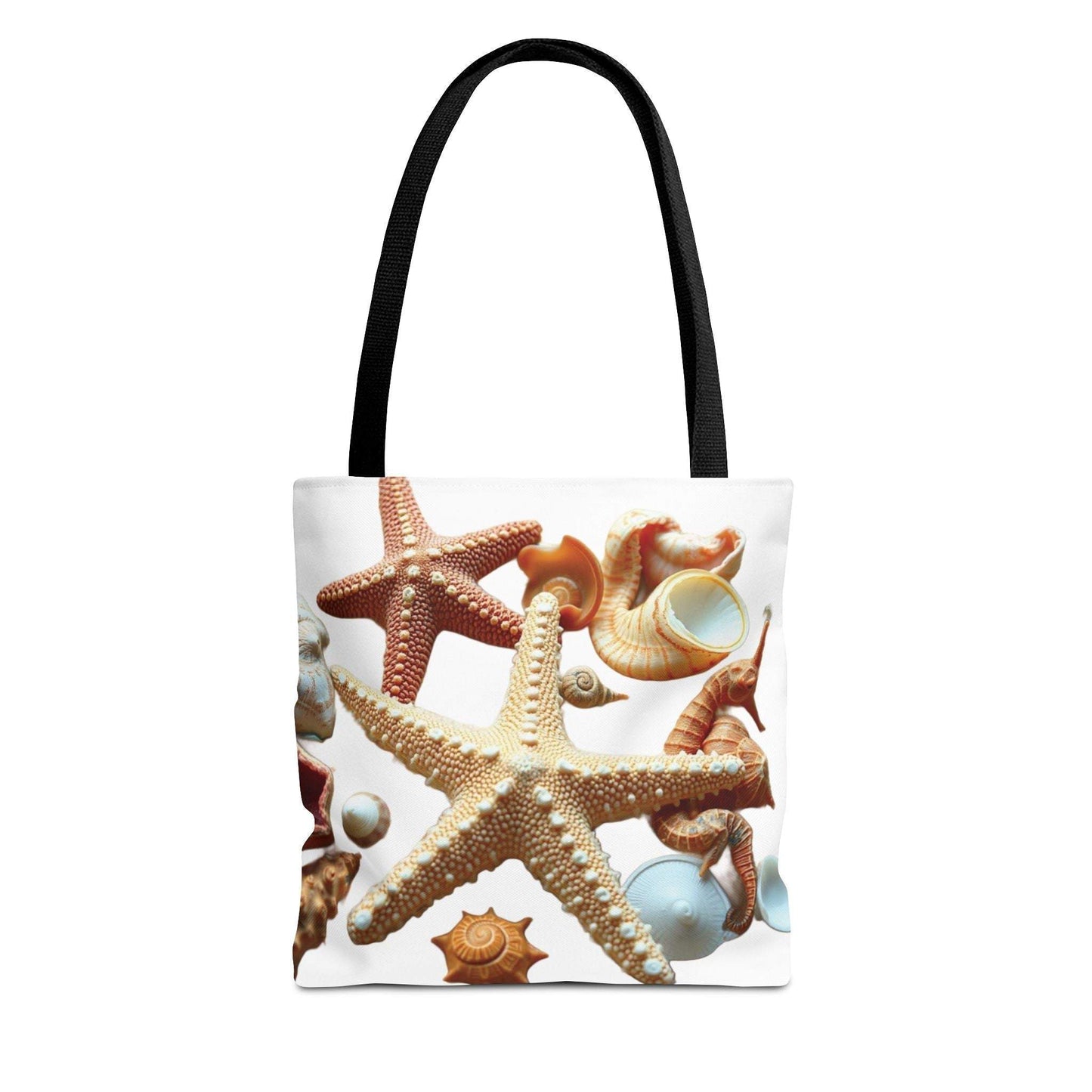 Beach tote bag with starfish and seashell design, 100% polyester, lightweight and durable, perfect for summer outings.