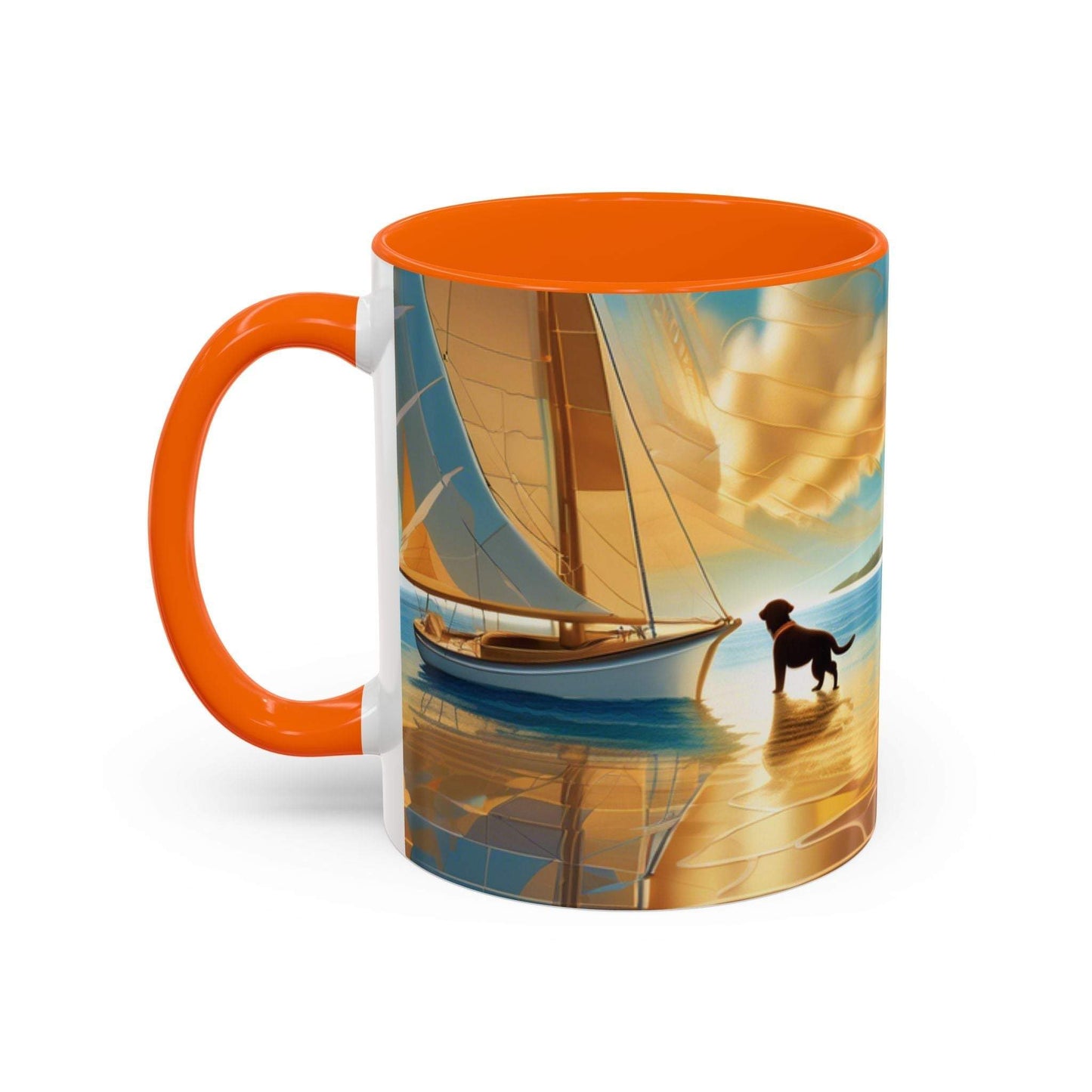 Serene Sunset Dog Lover's Mug with vibrant sailboat and dog design on an 11oz and 15oz ceramic cup.