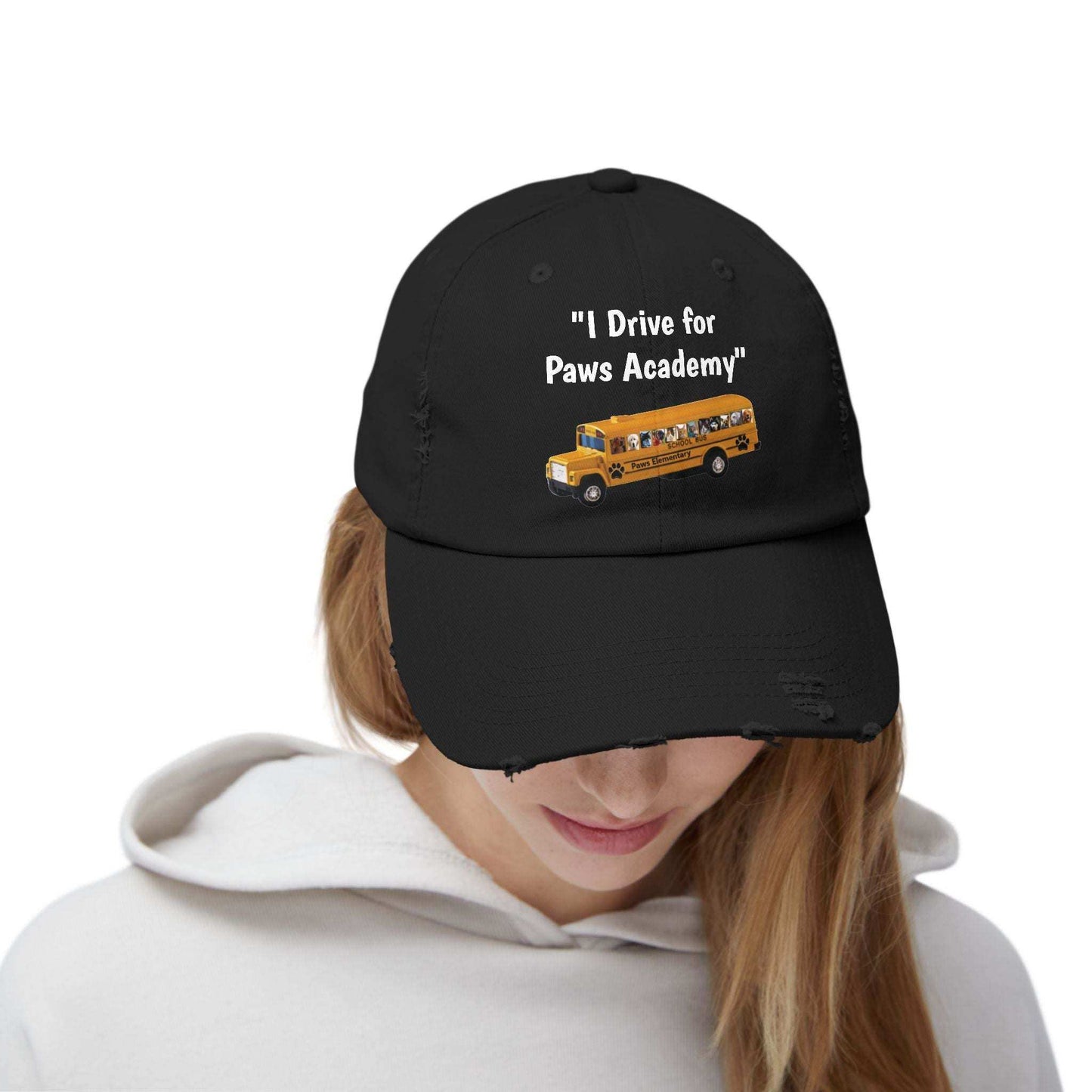 Unisex distressed baseball hat with school bus driver graphic, perfect for professionals.