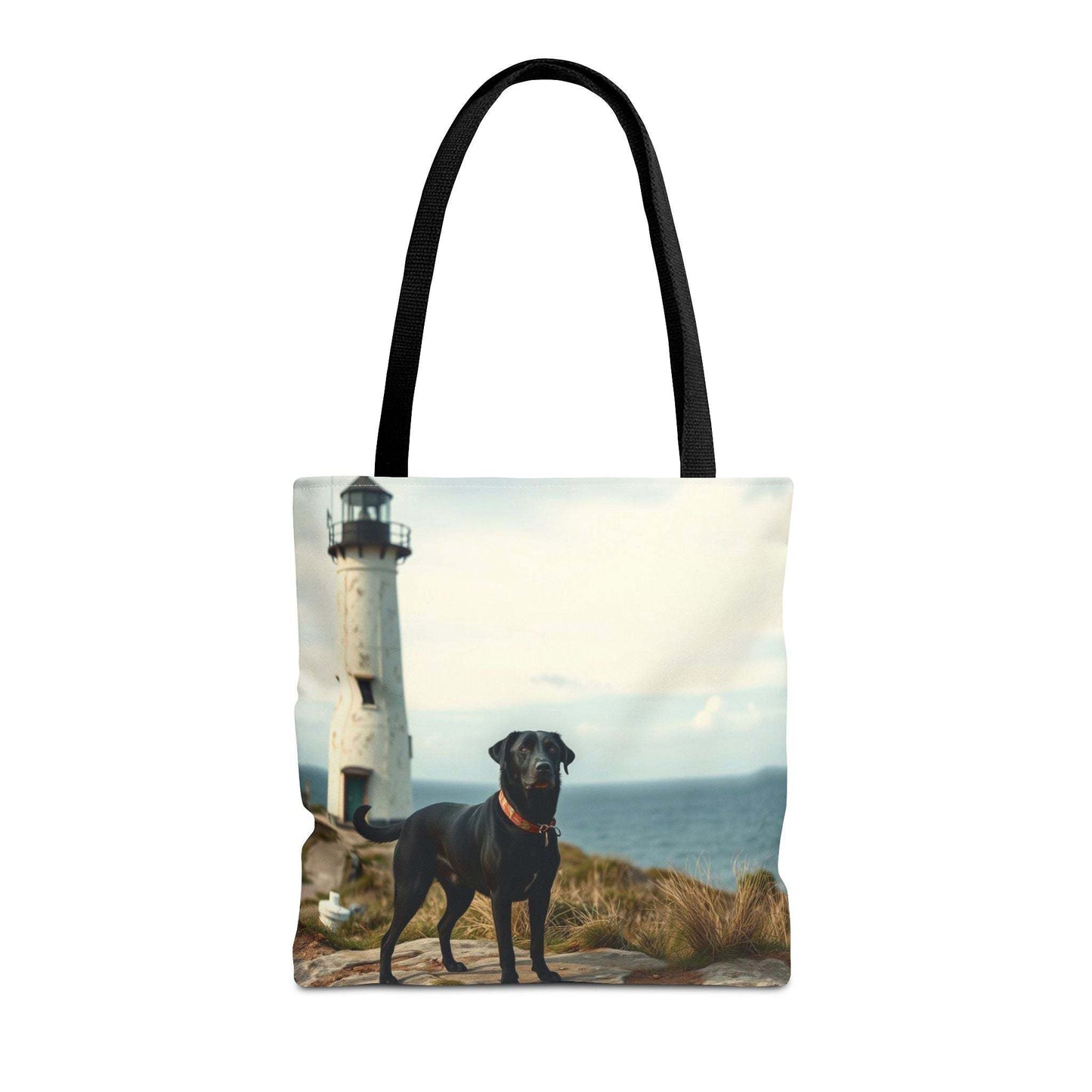 Coastal Canine Tote Bag with lighthouse and dog design, ideal for beach-loving dog enthusiasts.