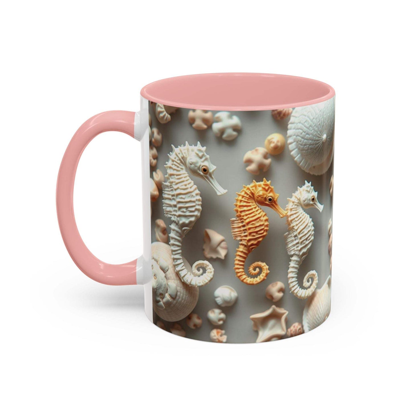 Seahorse accent coffee mug with nautical design and pink handle.