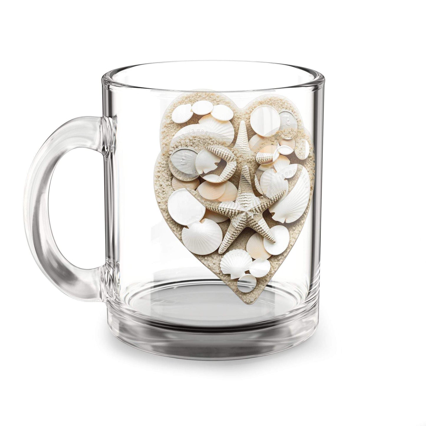 Coastal Glass Mug with Shell Design - 10oz, Clear Glass with C-shaped Handle