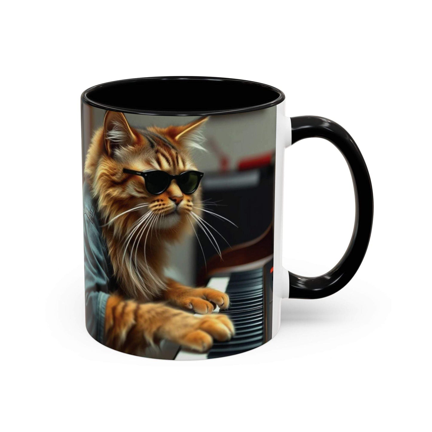 Cool Cat Musician Coffee Mug with a cat playing piano, perfect gift for cat lovers.