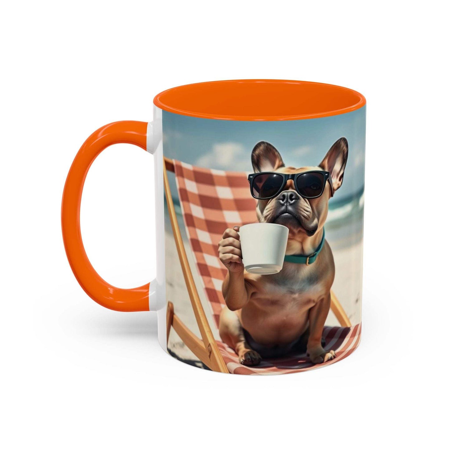 Beach Dog Accent Coffee Mug with dog on beach chair, perfect for pet lovers.