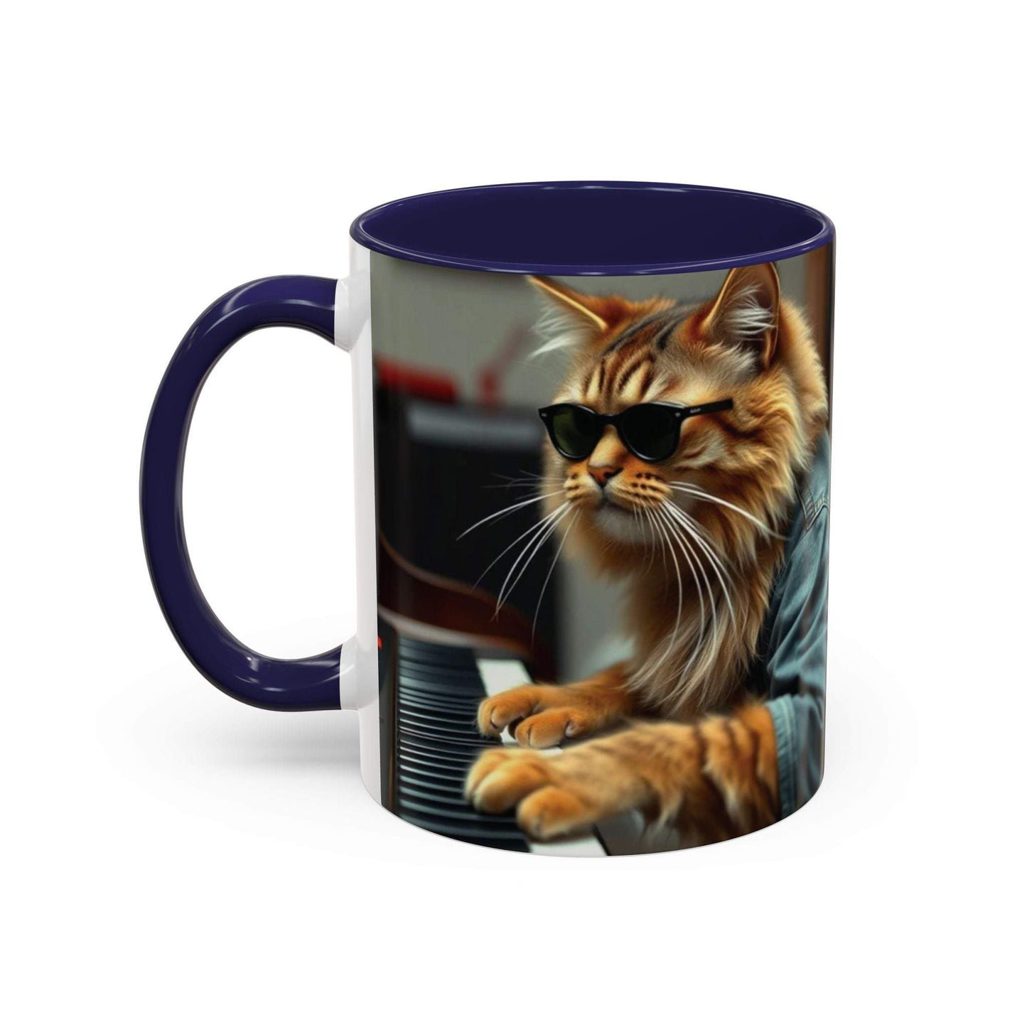 Cool Cat Musician Coffee Mug with sunglasses-wearing cat playing piano, vibrant colors, fun gift for cat lovers.
