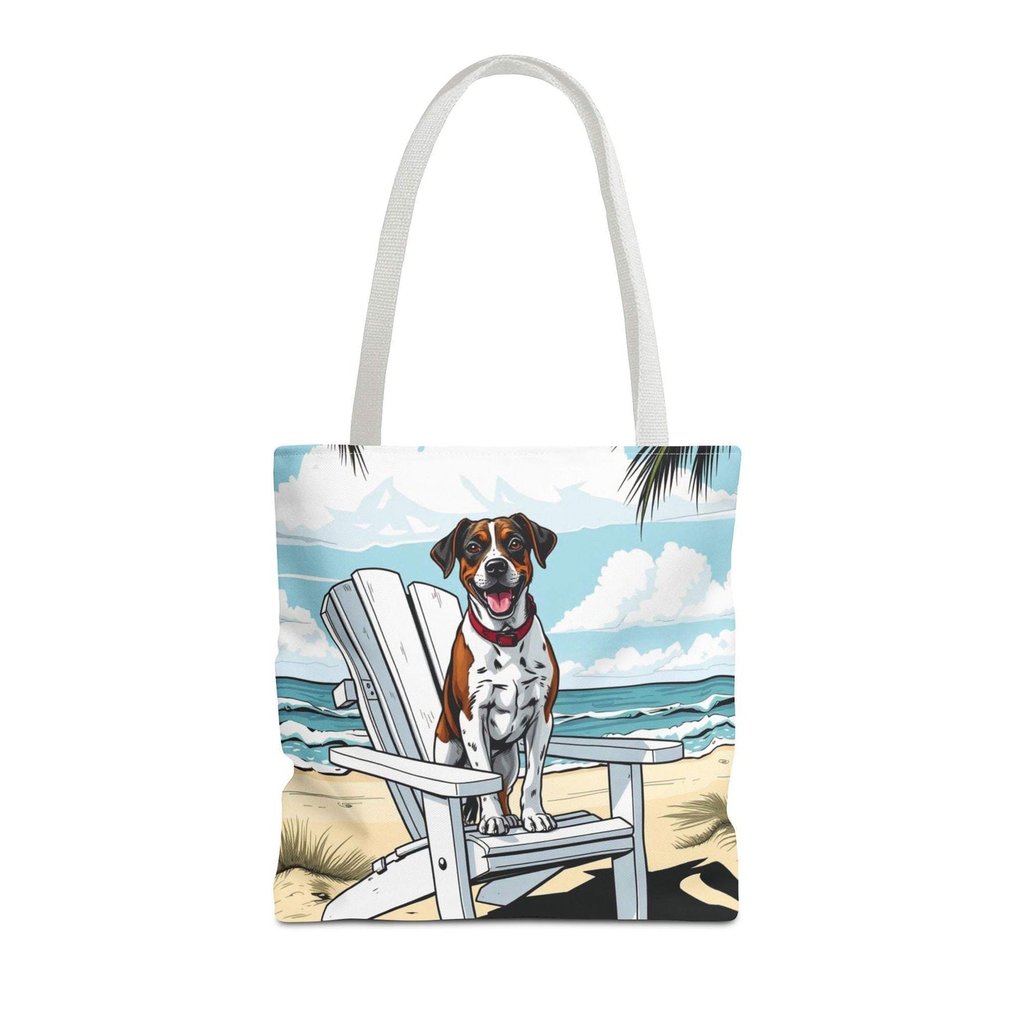 Beach tote bag with dog design, perfect for pet lovers and beach outings.