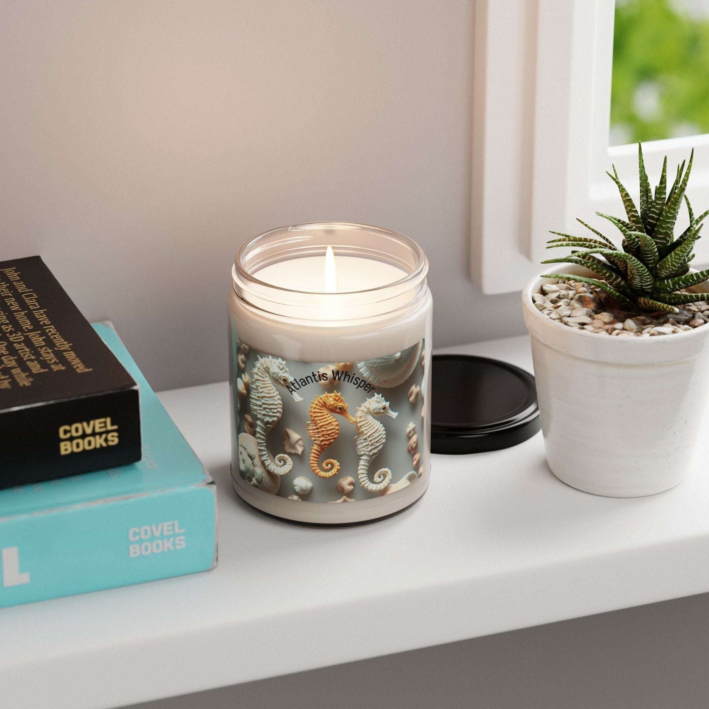 Ocean-inspired scented soy candle in reusable glass, 9oz, enhancing relaxation.