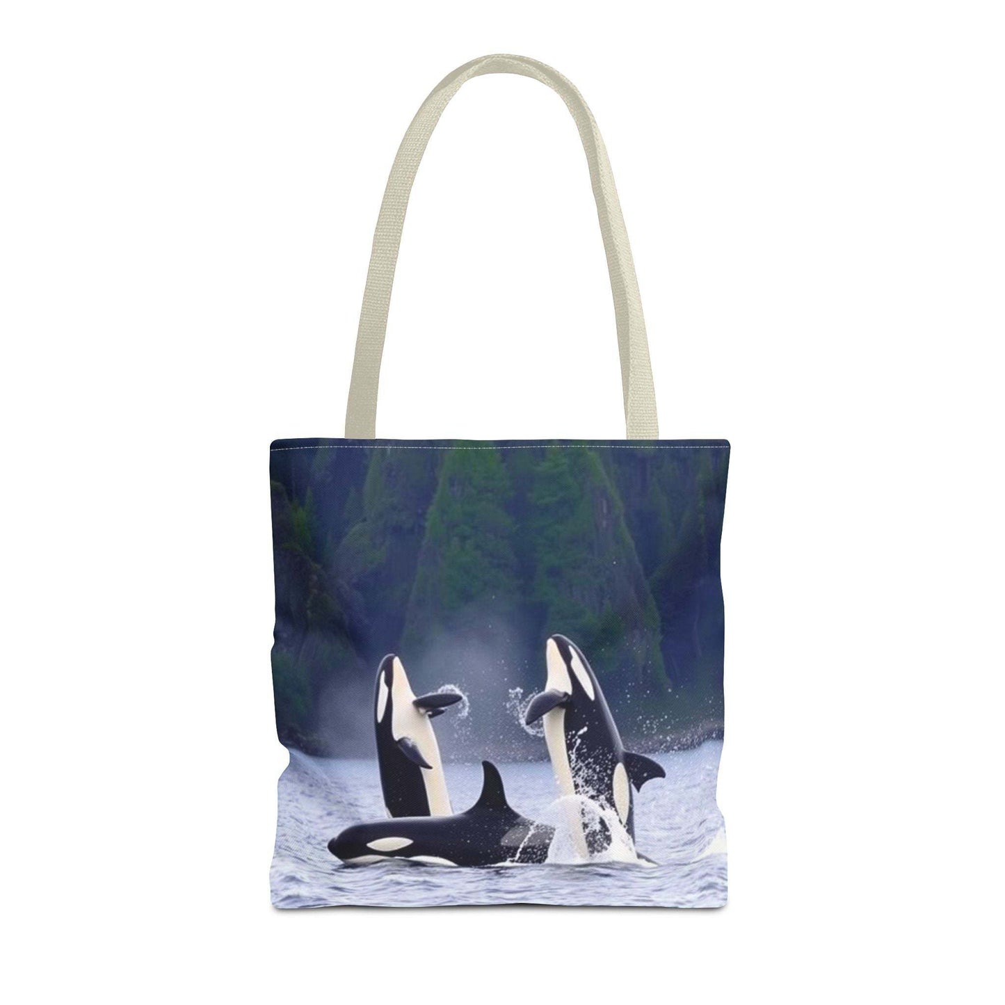 Eco-friendly tote bag featuring orca whales design, ideal for shopping and nature lovers.