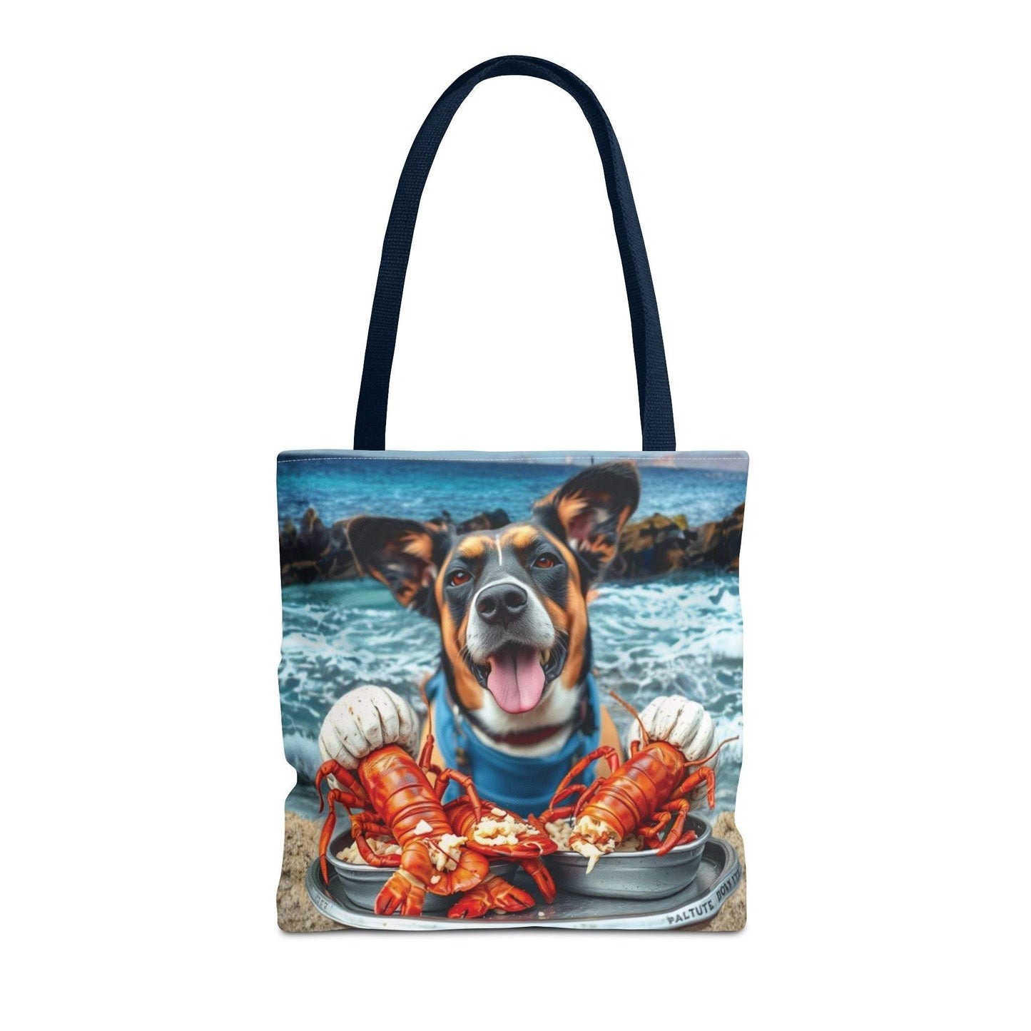 Happy Dog Lobster Tote Bag with playful beach design for pet lovers.
