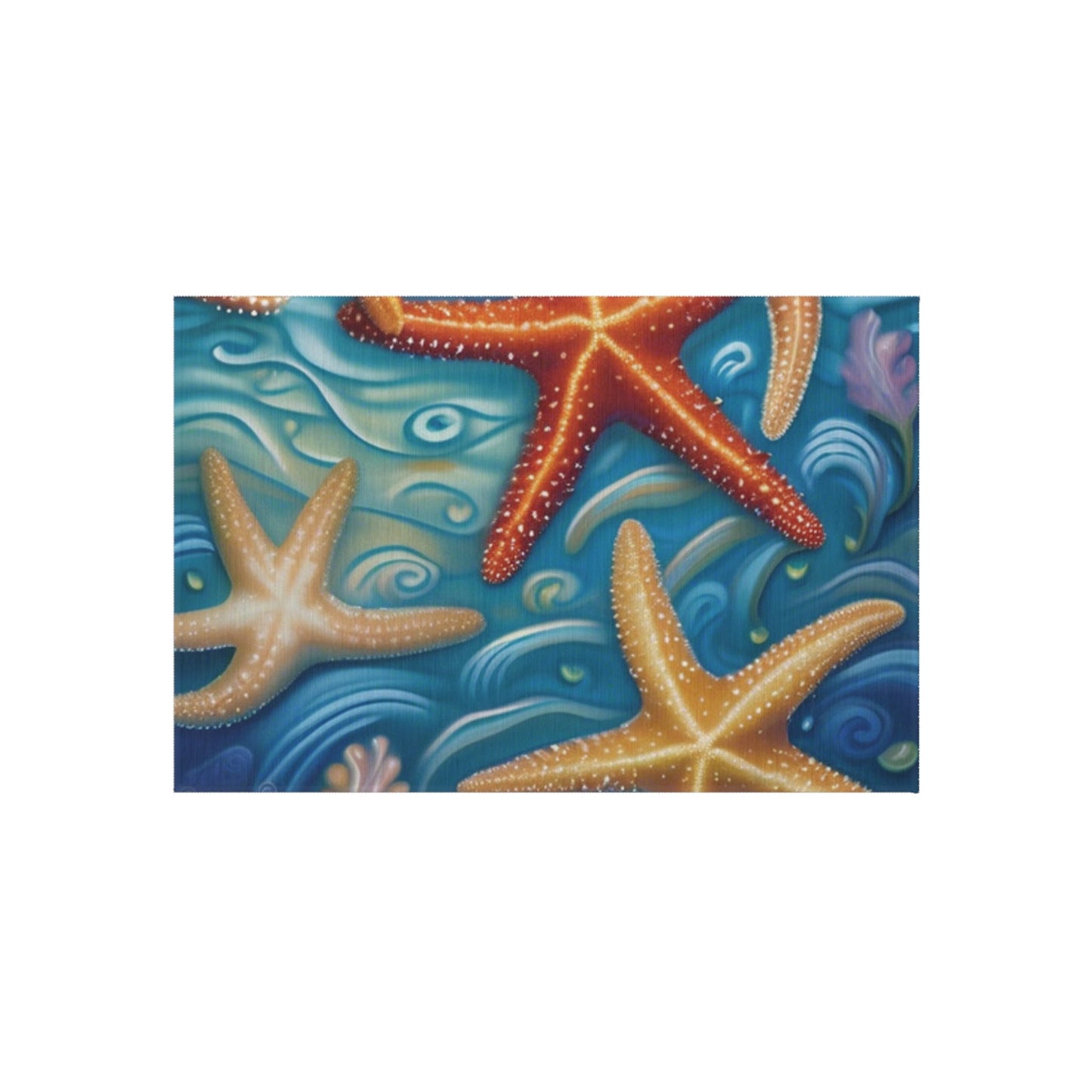 Nautical outdoor rug with starfish design in vibrant colors, ideal for patios and decks.